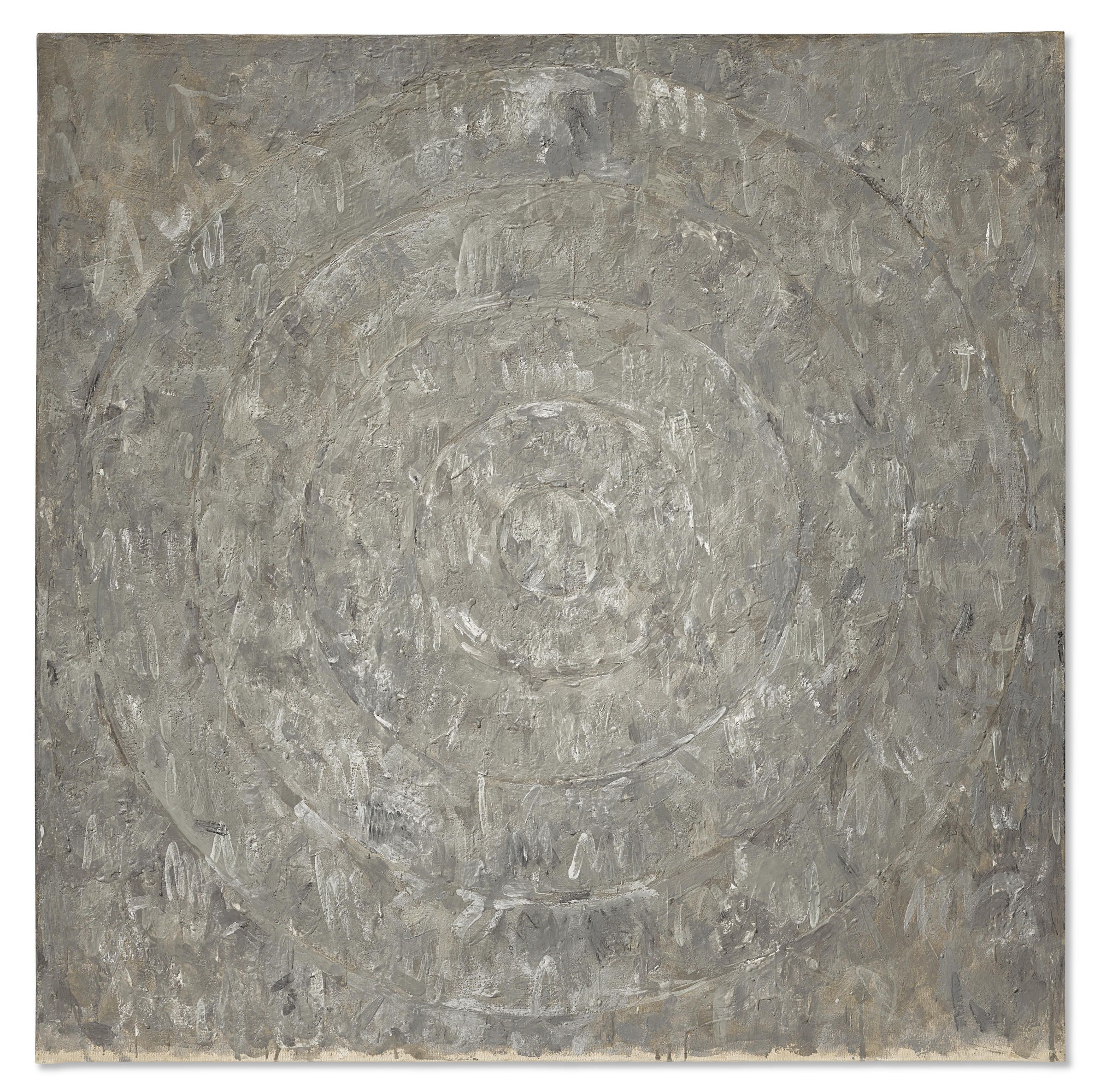 A textured painting with gray concentric circles blending into the rough, abstract background.