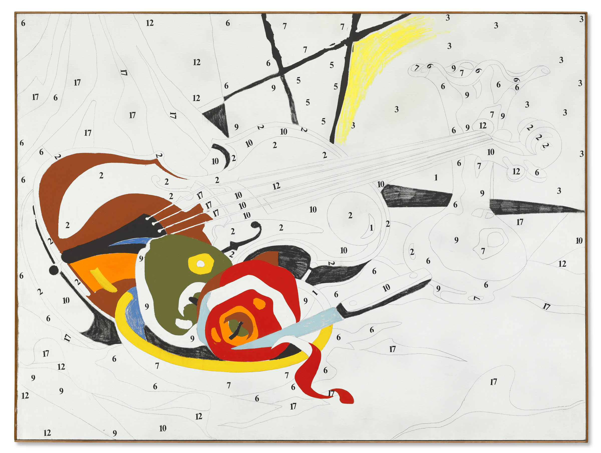 A partially colored paint-by-numbers drawing features abstract shapes and a violin.