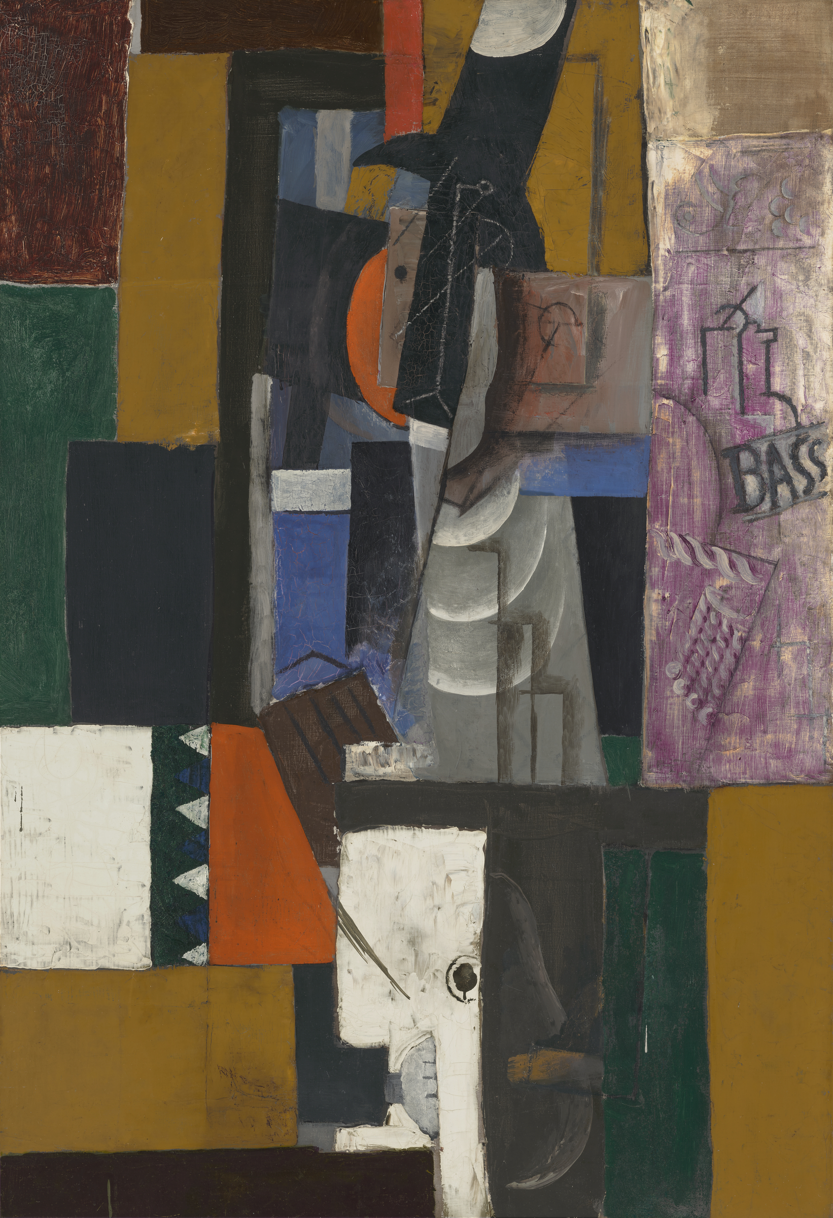 A cubist painting features abstract geometric shapes, bold colors, and the word "BASS" on the right.