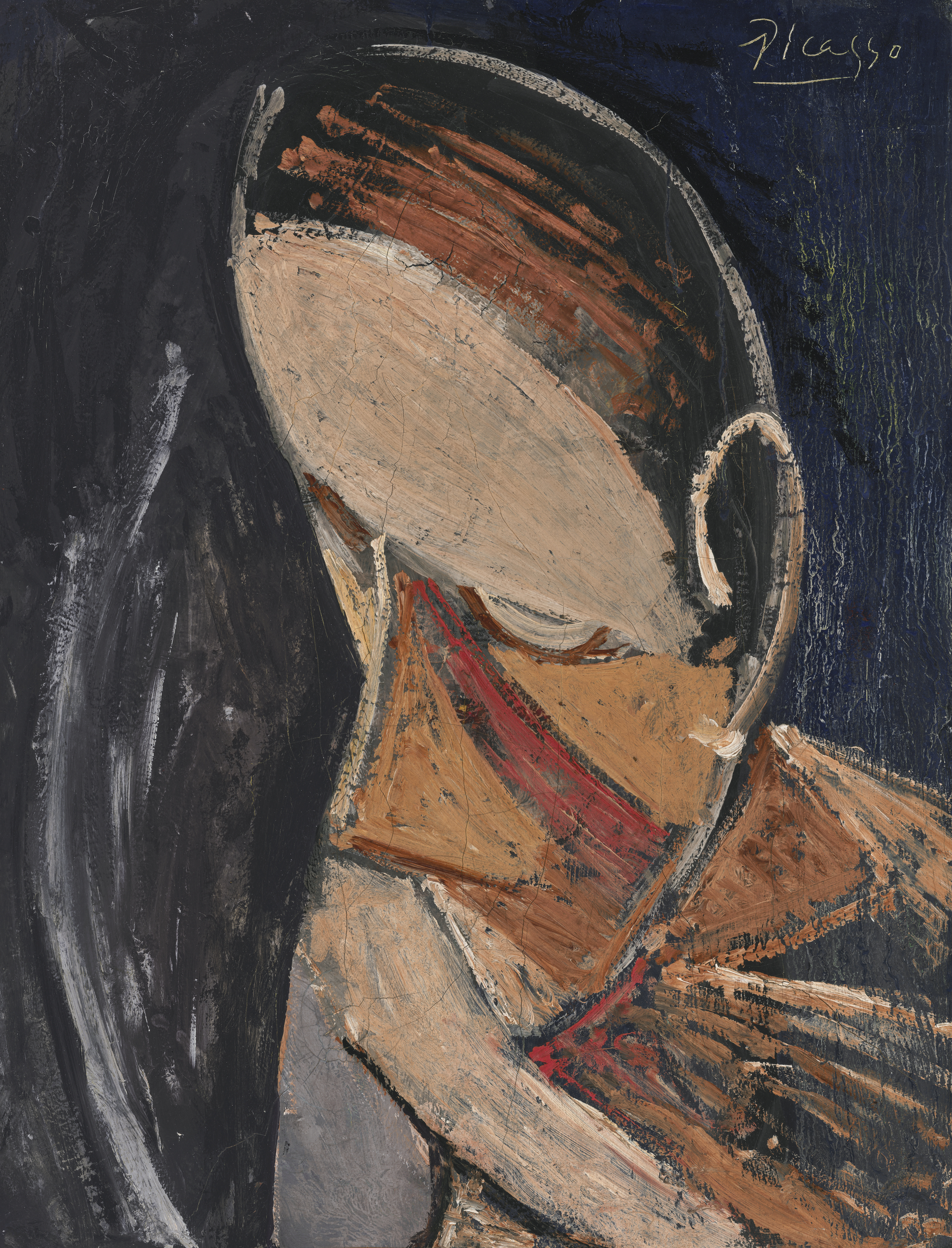An abstract painting of a person in profile with earthy tones, textured brushstrokes, and a dark background.