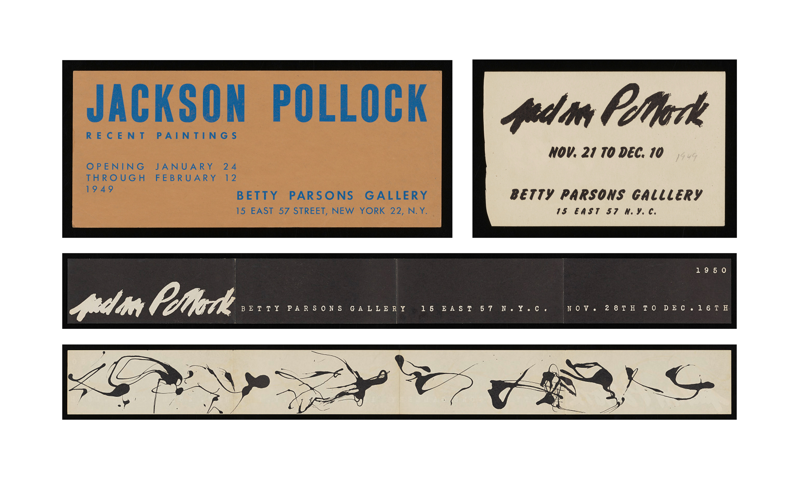 Several vintage exhibition posters for Jackson Pollock at Betty Parsons Gallery are shown.