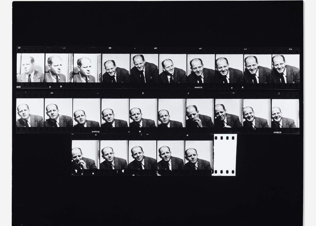 A black and white contact sheet shows multiple portraits of men in suits with blurred faces.