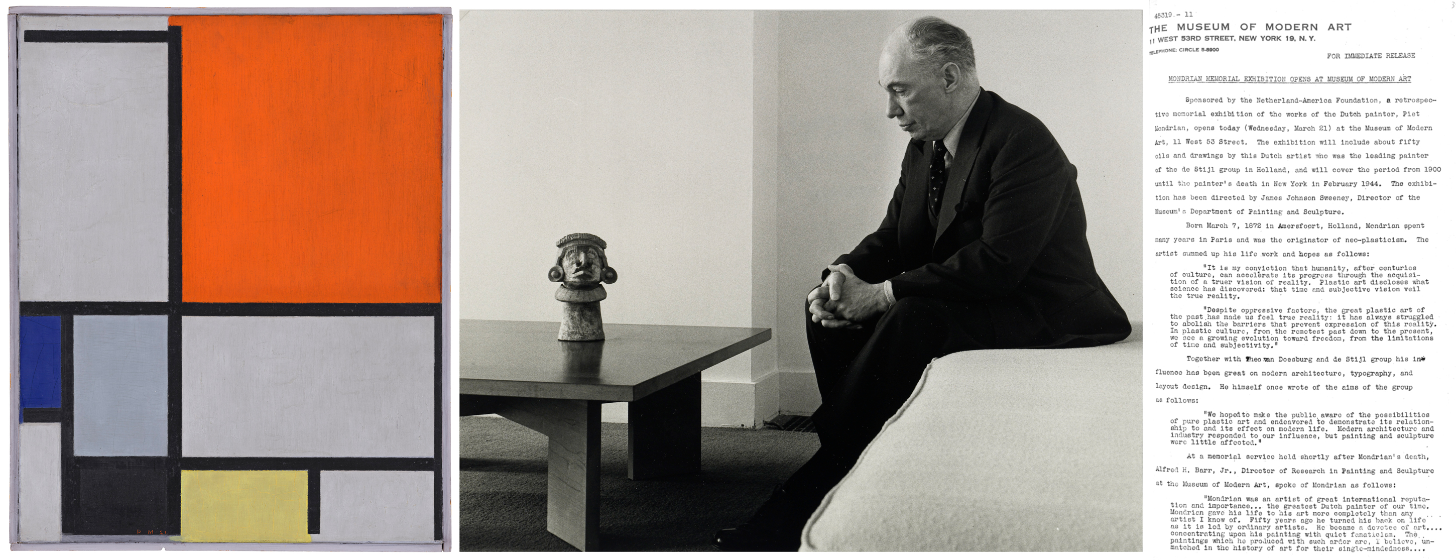 A grid-based abstract painting, a man sitting beside a sculpture, and a typed museum document.