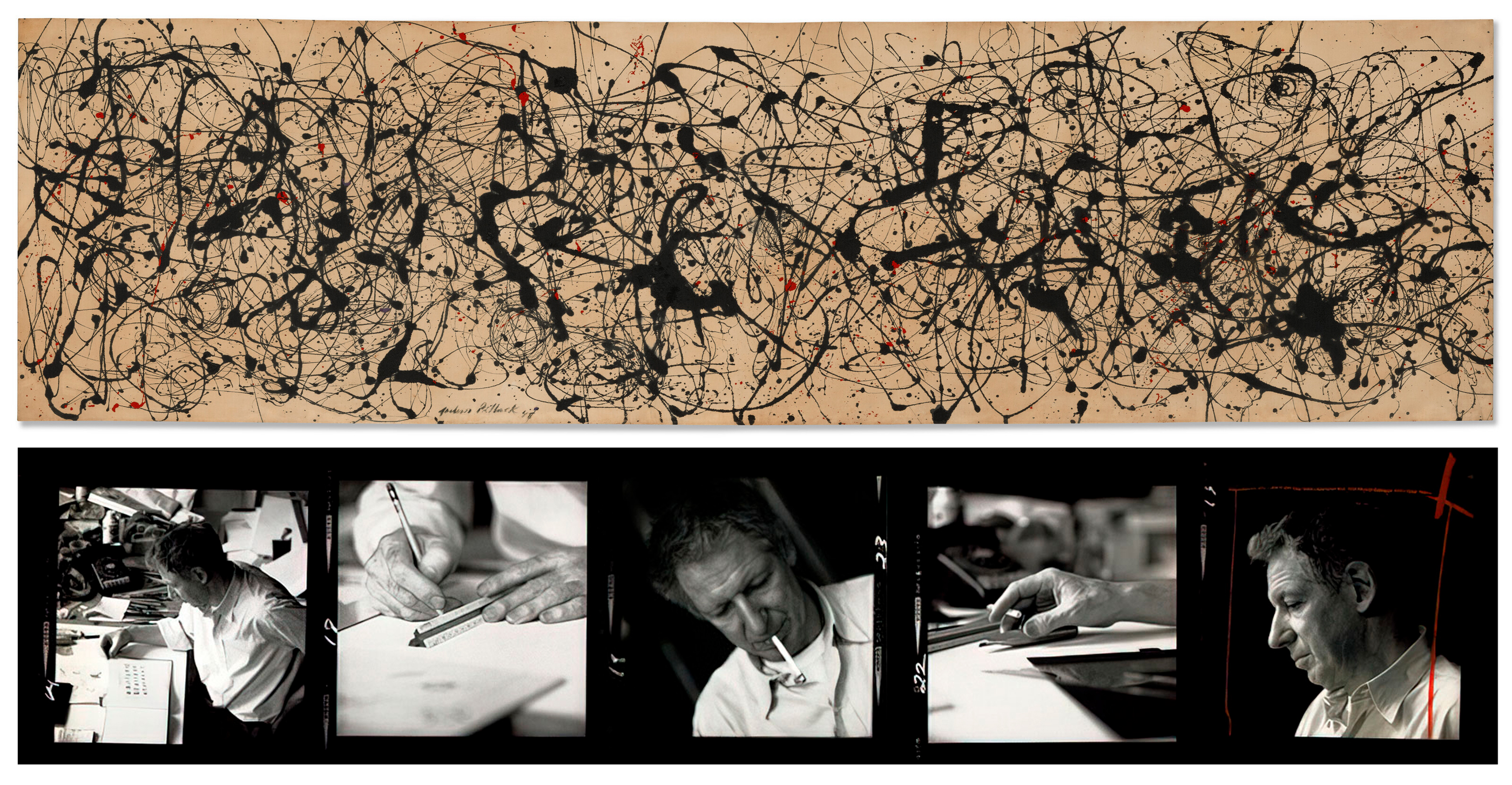 The image shows an abstract painting with black and red lines on top, and four black-and-white photos of a person working at a desk below.