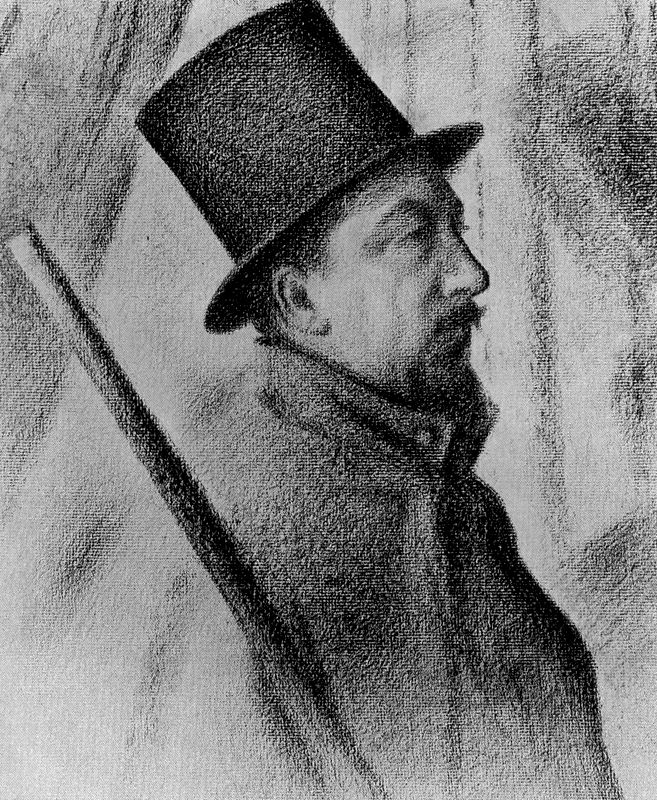 A person in a top hat and coat is drawn in black and white, with the face blurred out.