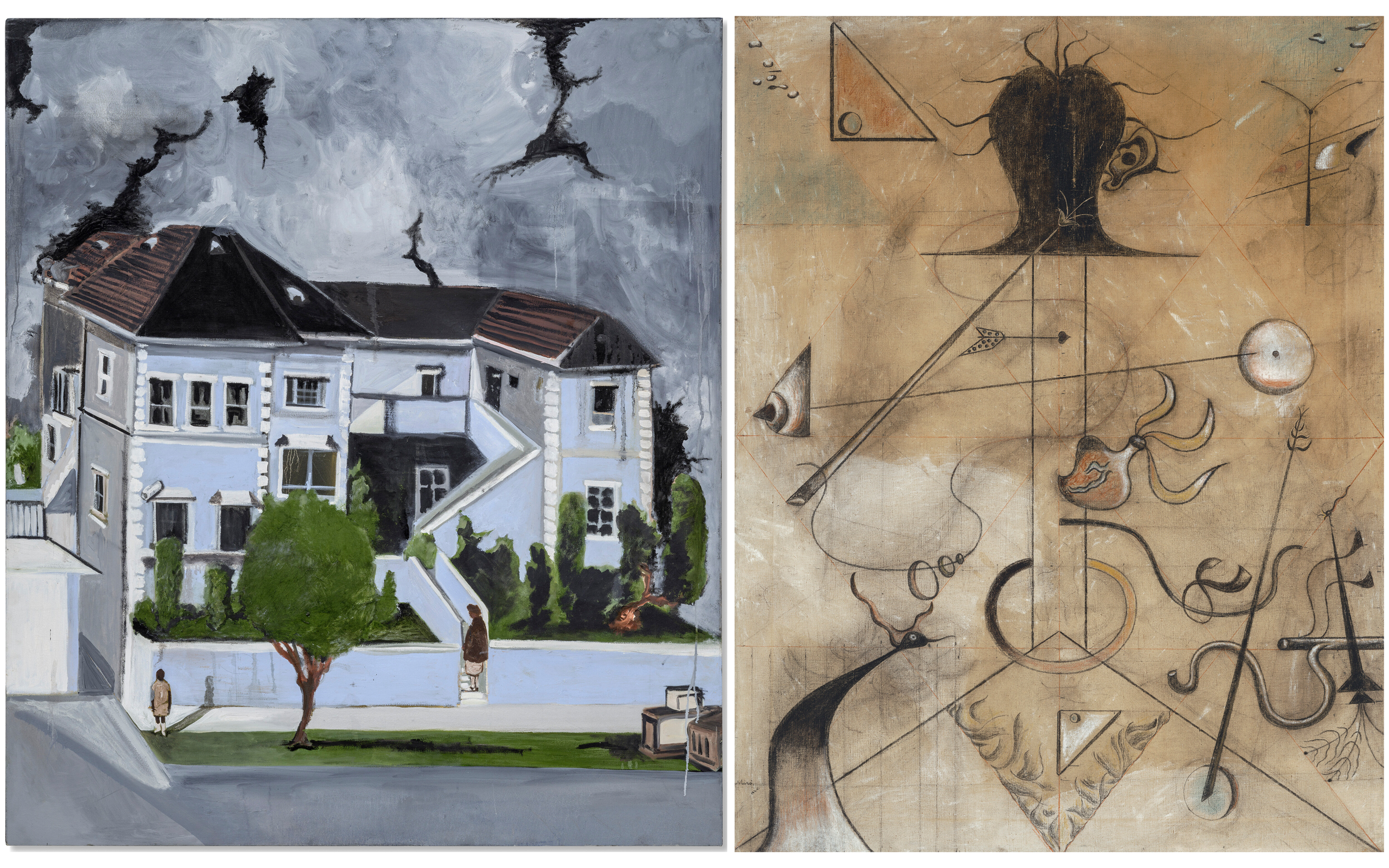 The image shows a diptych: on the left, a stormy sky looms over a distorted house; on the right, an abstract composition with geometric and organic shapes on a brownish background.