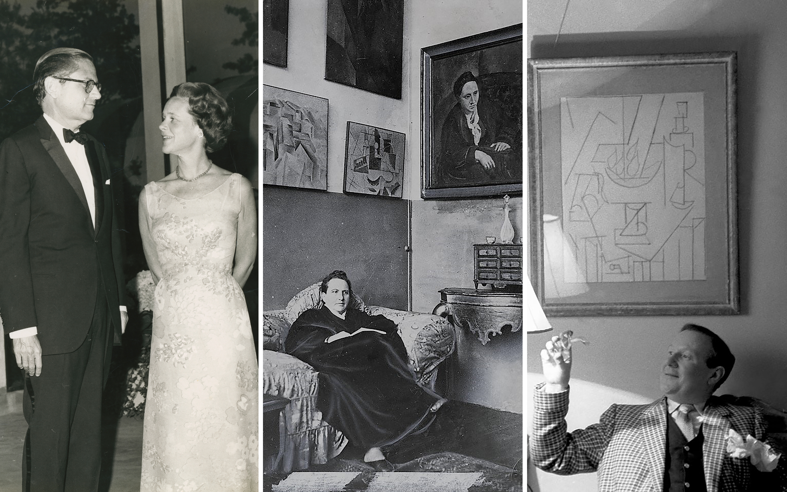 The image is a collage of three vintage black-and-white photos featuring people and artwork.
