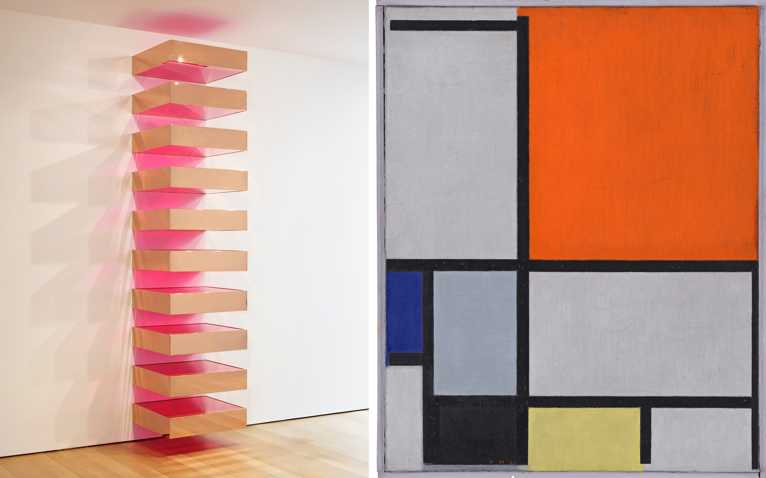 On the left is a vertical sculpture with pink lighting; on the right is a geometric abstract painting.