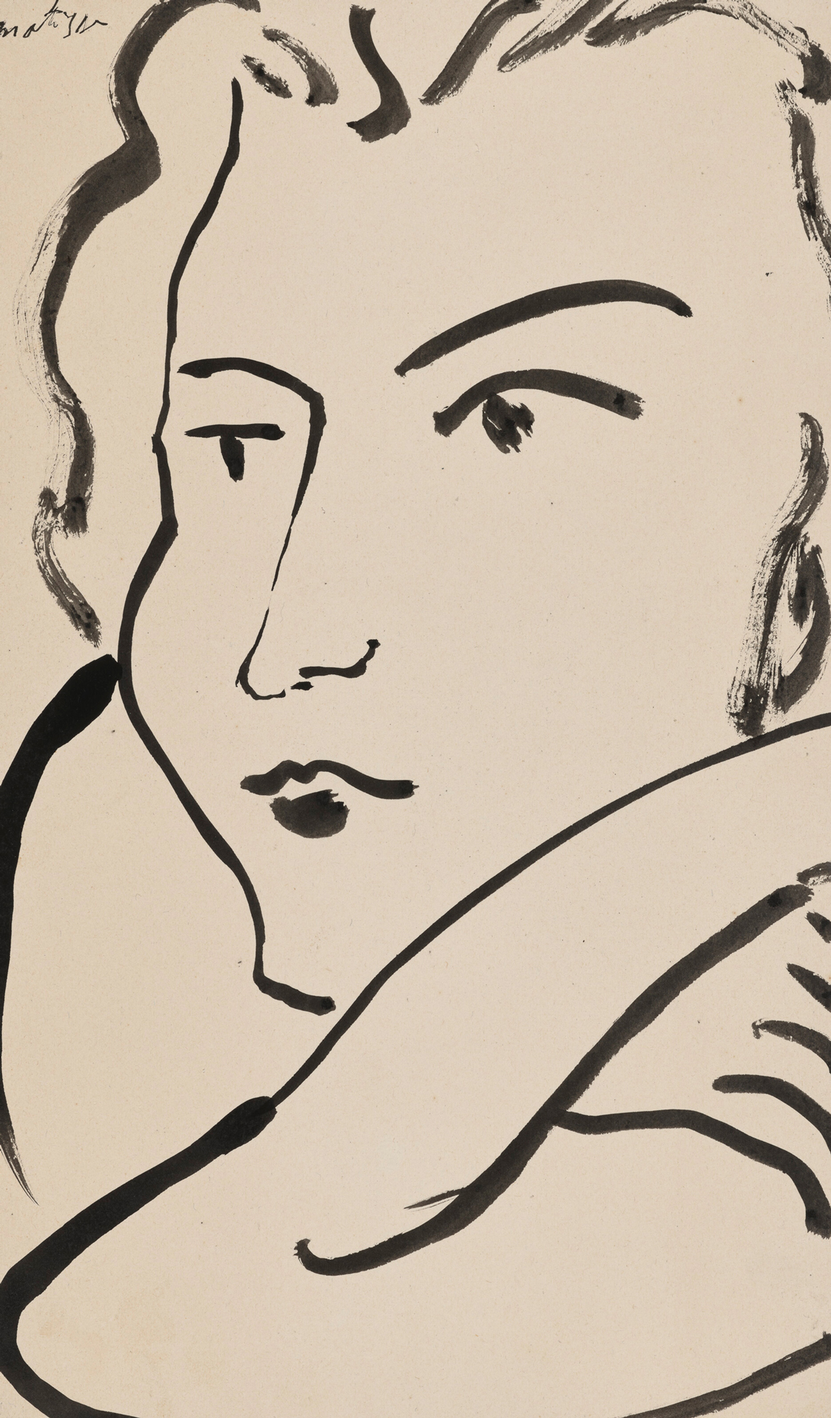 A minimalistic black ink drawing of a reclining figure on a plain background.