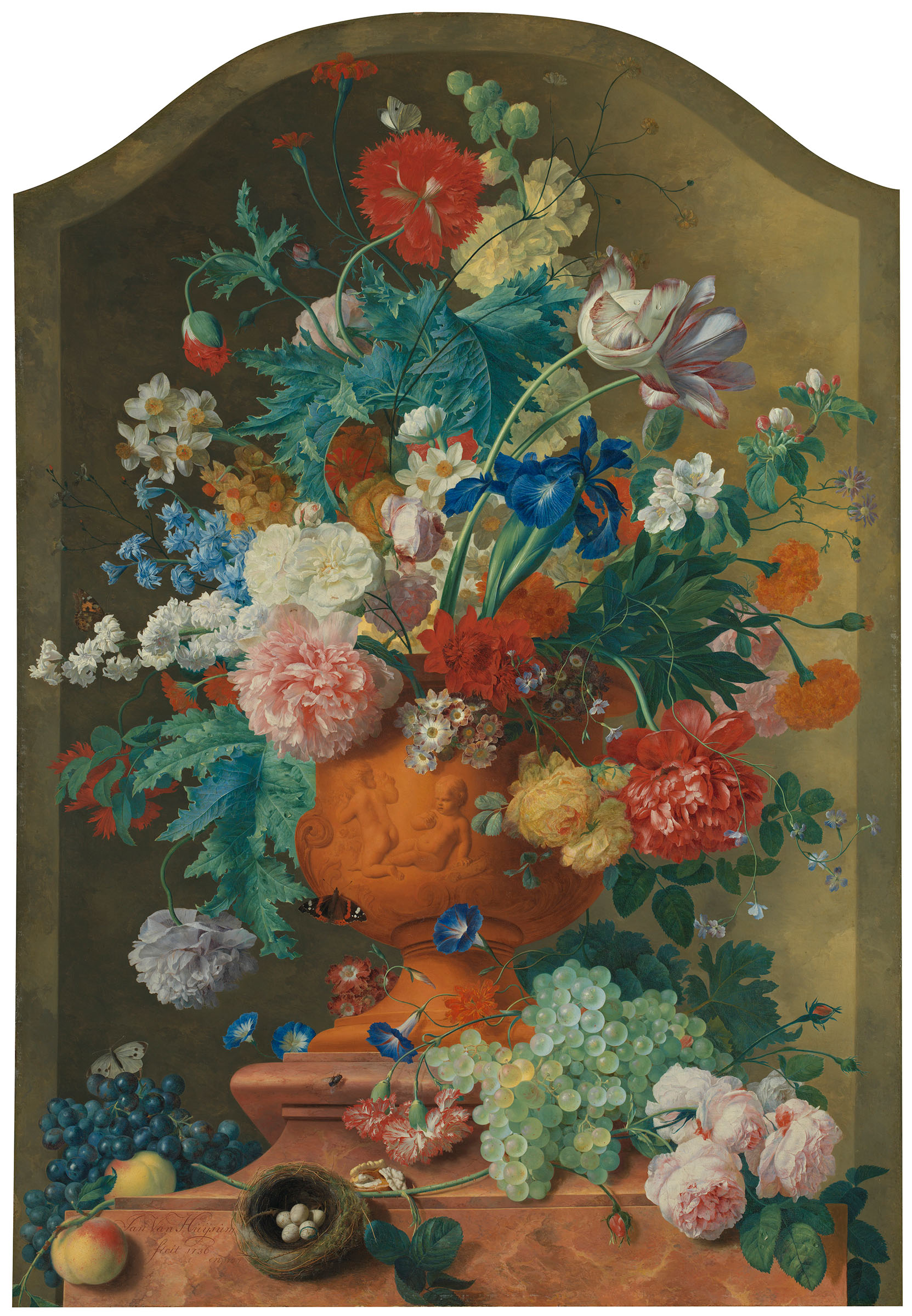 The nest in one of the works coming to auction was probably a studio prop, as it reappears in a number of paintings by Van Huysum, including this one, Flowers in a Terracotta Vase, 1736-37, at the National Gallery in London