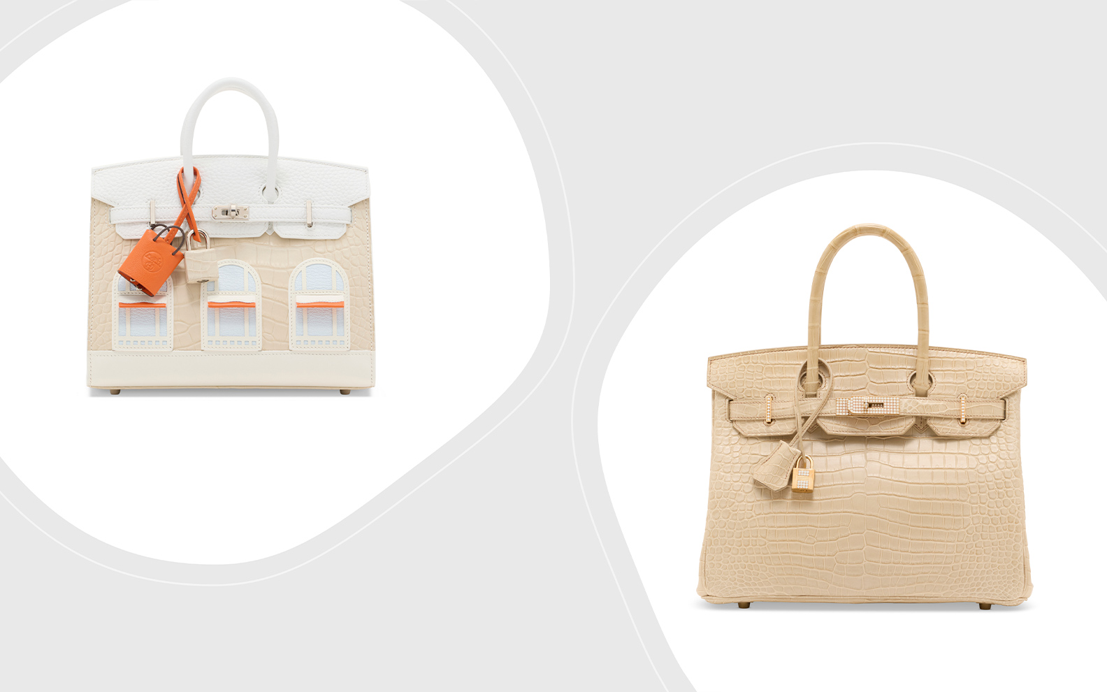 Two luxury handbags, one with architectural window designs and orange accents, the other in plain beige.