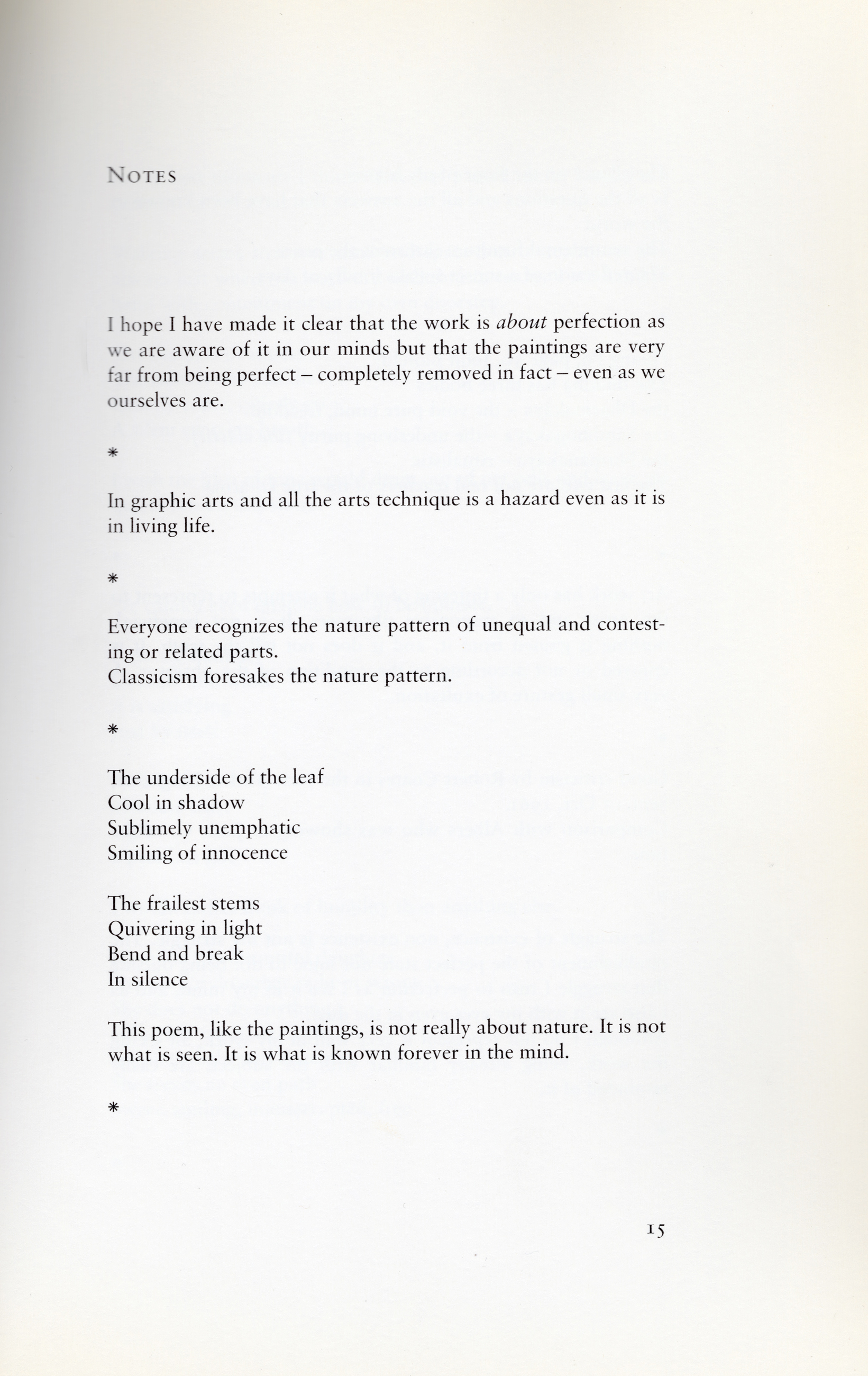 A page titled "Notes" discusses perfection in art, technique, nature patterns, and a poem about perception.