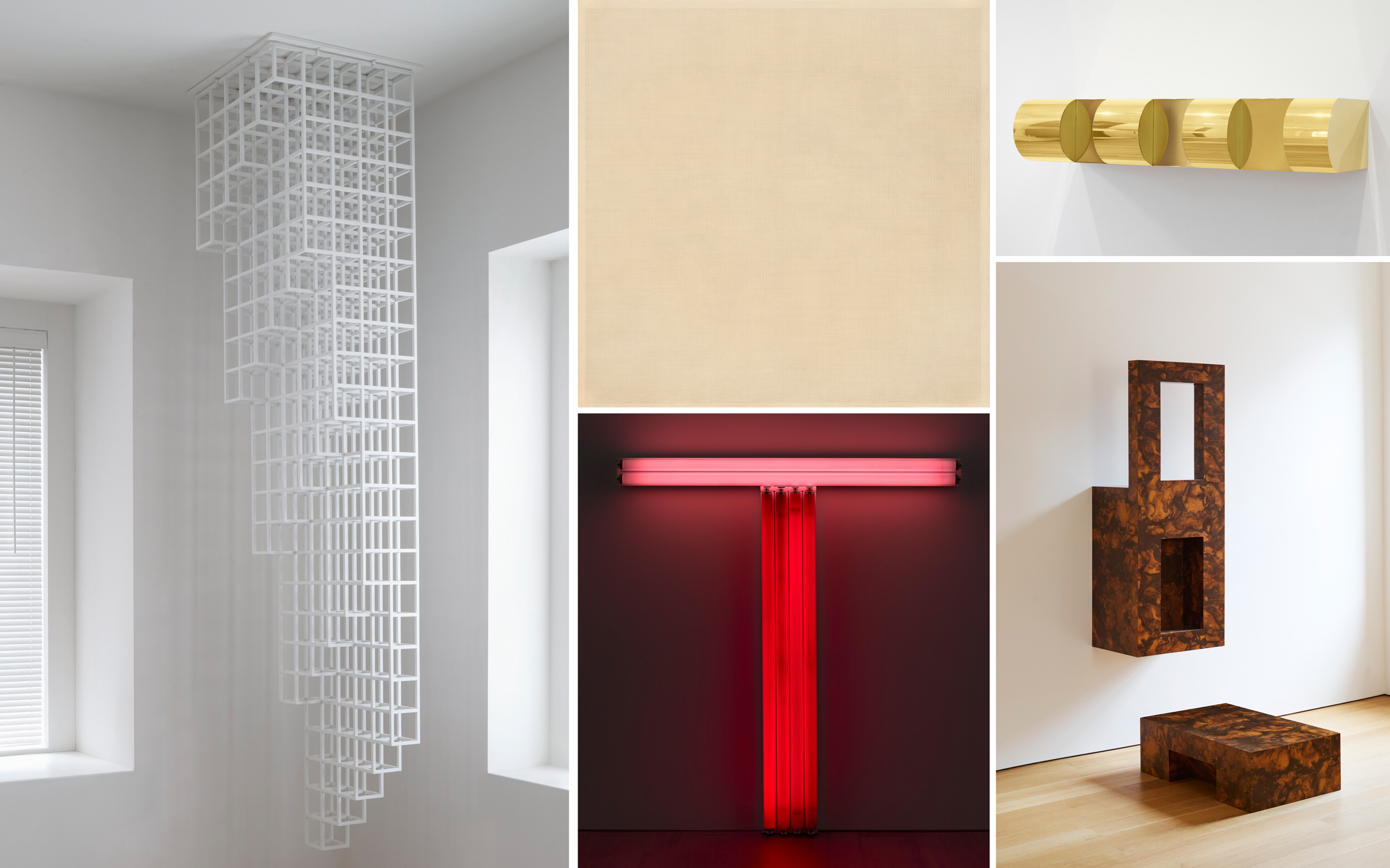 A collage of five minimalist and geometric modern art sculptures and installations in various materials.