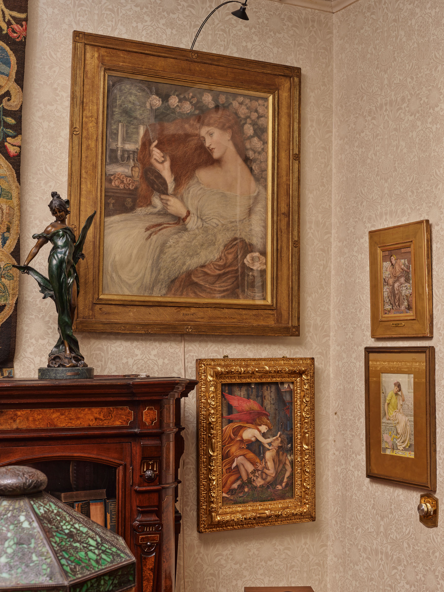 Albert Zuckerman's 19th-century brownstone in Chelsea, New York. Stanhope's painting is hung below Lady Lilith, from the studio of Dante Gabriel Rossetti, and beside two works by Albert Joseph Moore: Pansies and Hairpins. All offered in the Old Masters to Modern Day Sale: Paintings, Drawings, Sculpture on 1 July 2026 at Christie's in London