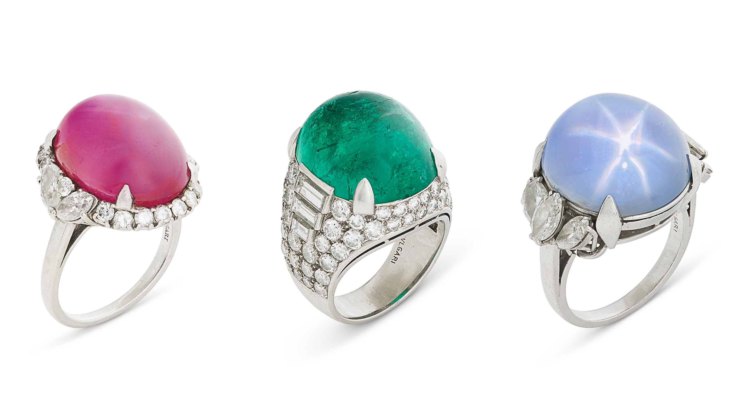 Claudia Cardinale's Bulgari rings, from left: oval cabochon star ruby of 26.60 carats, round and marquise-shaped diamonds; Trombino oval cabochon emerald, round and baguette-cut diamonds; cabochon light greyish-blue star sapphire, marquise-shaped diamonds. All offered in Joaillerie Paris, until 26 June 2026 at Christie's Online