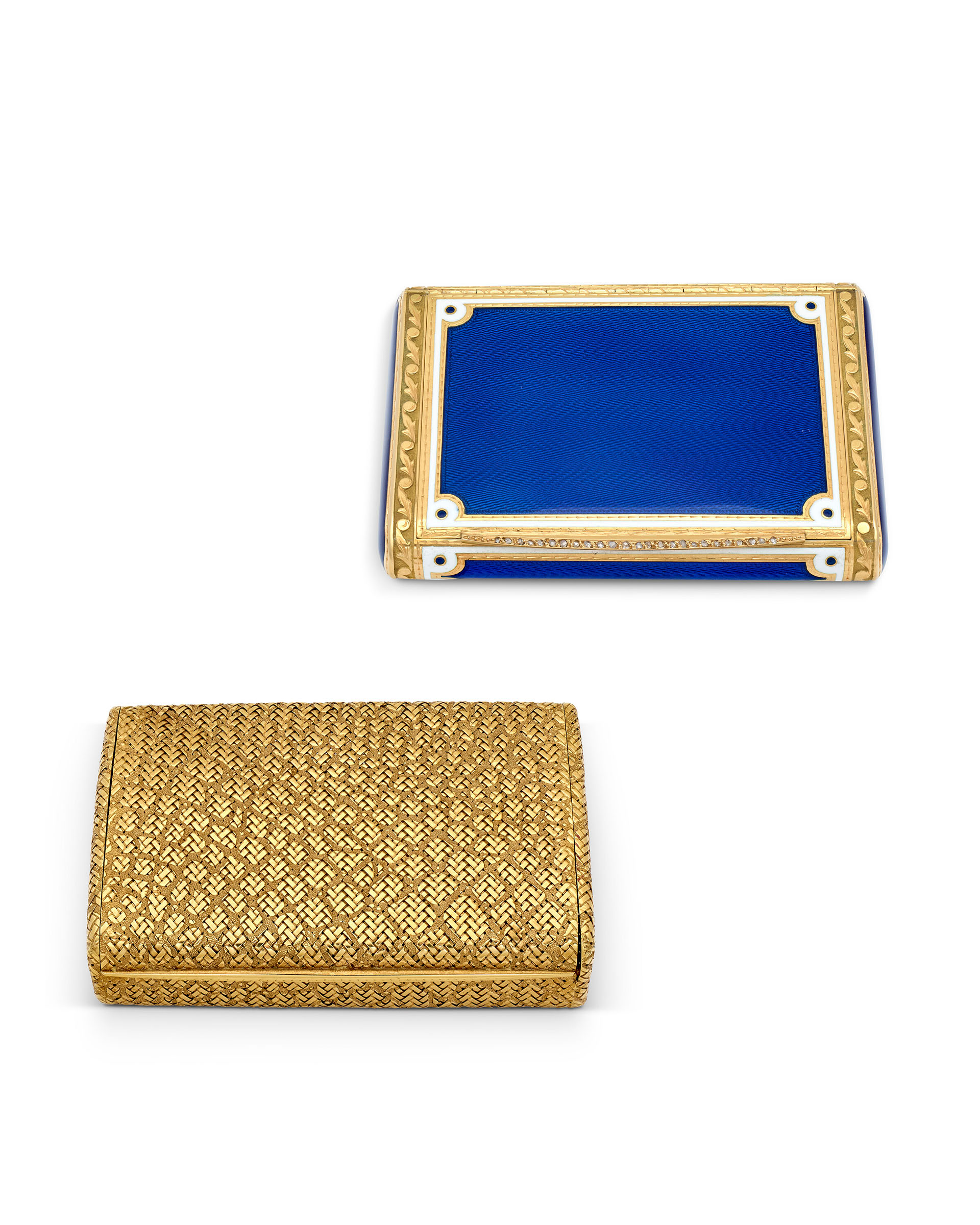 A Van Cleef and Arpels gold cigarette case and a Serra Roma enamel cigarette case with rose-cut diamonds, offered in Joaillerie Paris, until 26 June 2026 at Christie's Online