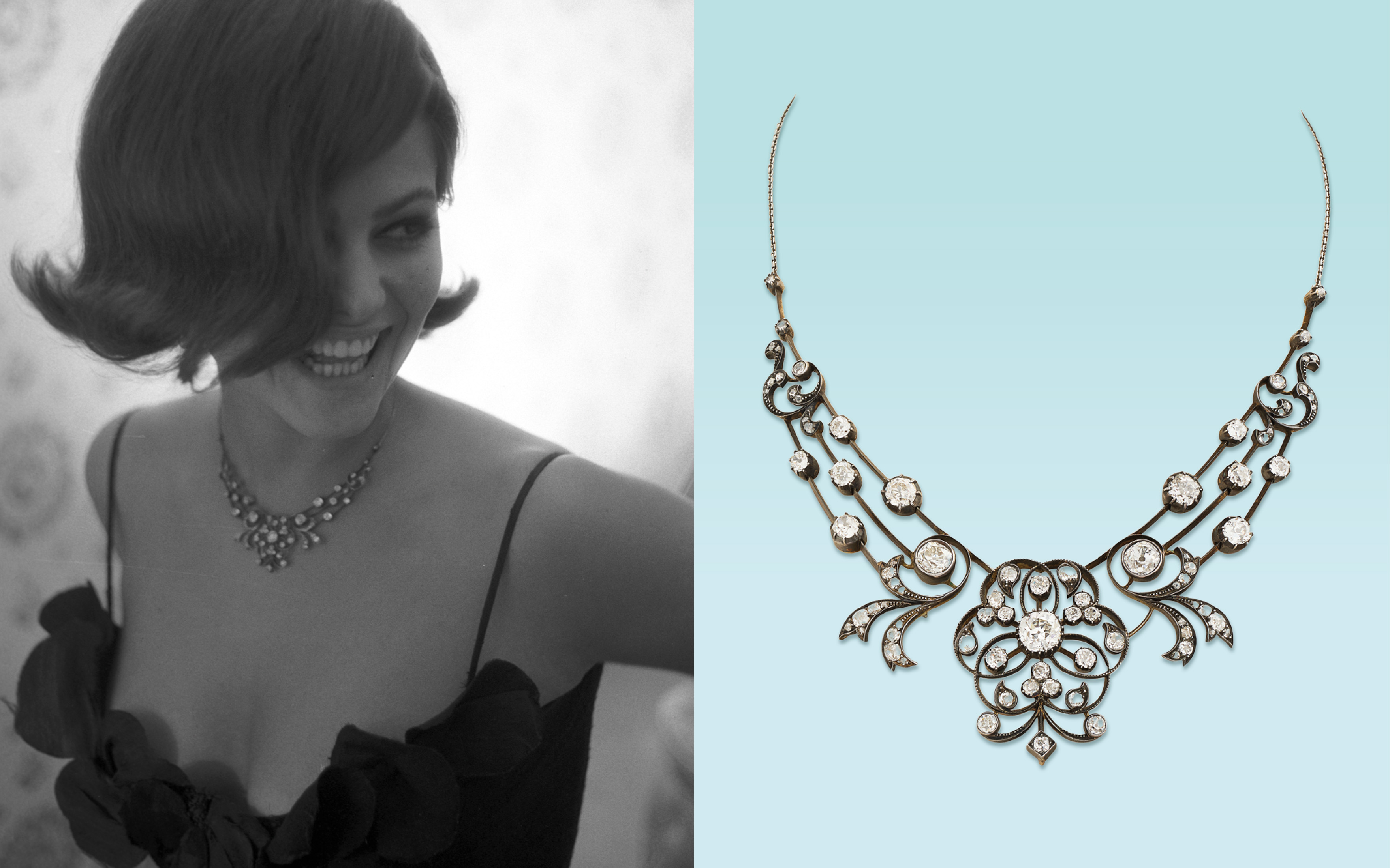 Claudia Cardinale in 1964, wearing a late-19th-century old and rose-cut diamond necklace offered in Joaillerie Paris, until 26 June 2026 at Christie's Online