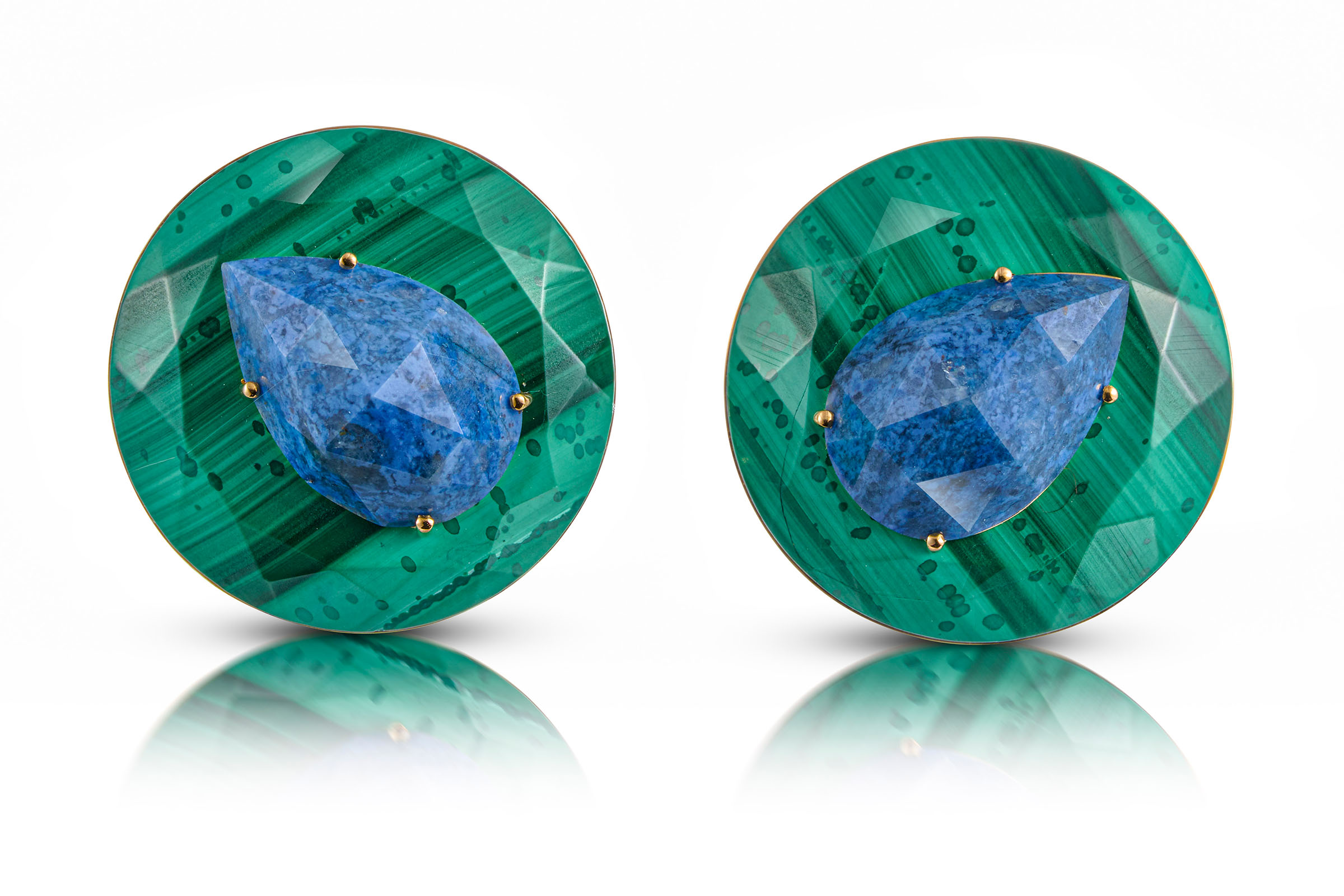 Cora Sheibani's Almond earrings in yellow gold with malachite and dumortierite, from the Colour and Contradiction collection