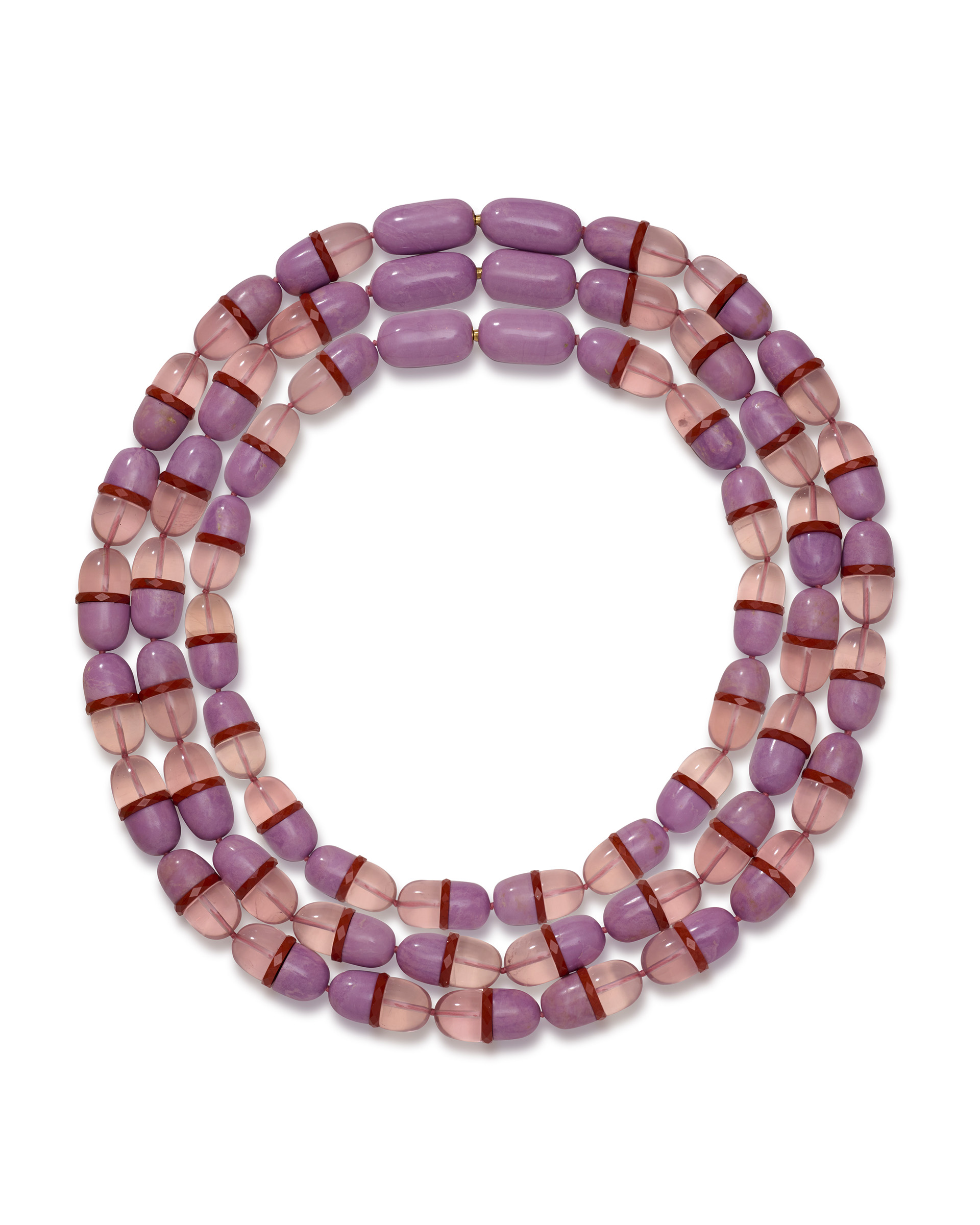 Cora Sheibani's Triple Pill necklace in yellow gold with phosphosiderite, rose quartz and silex jasper, from the Colour and Contradiction collection