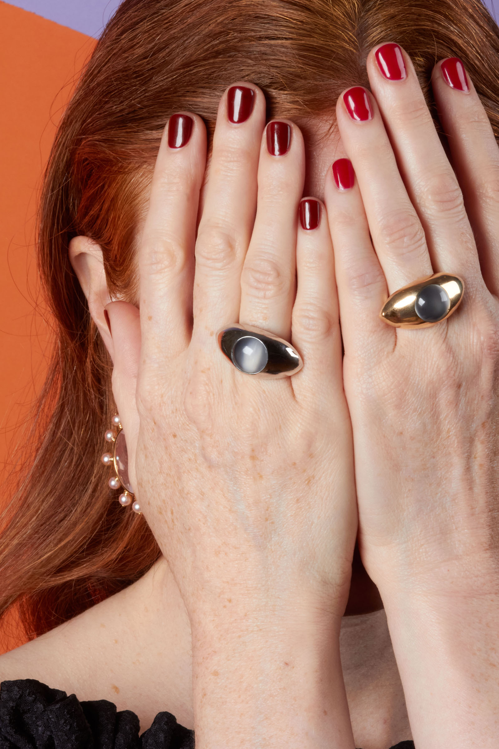Cora Sheibani's Predator rings from the Eyes collection, in white and rose gold with moonstones