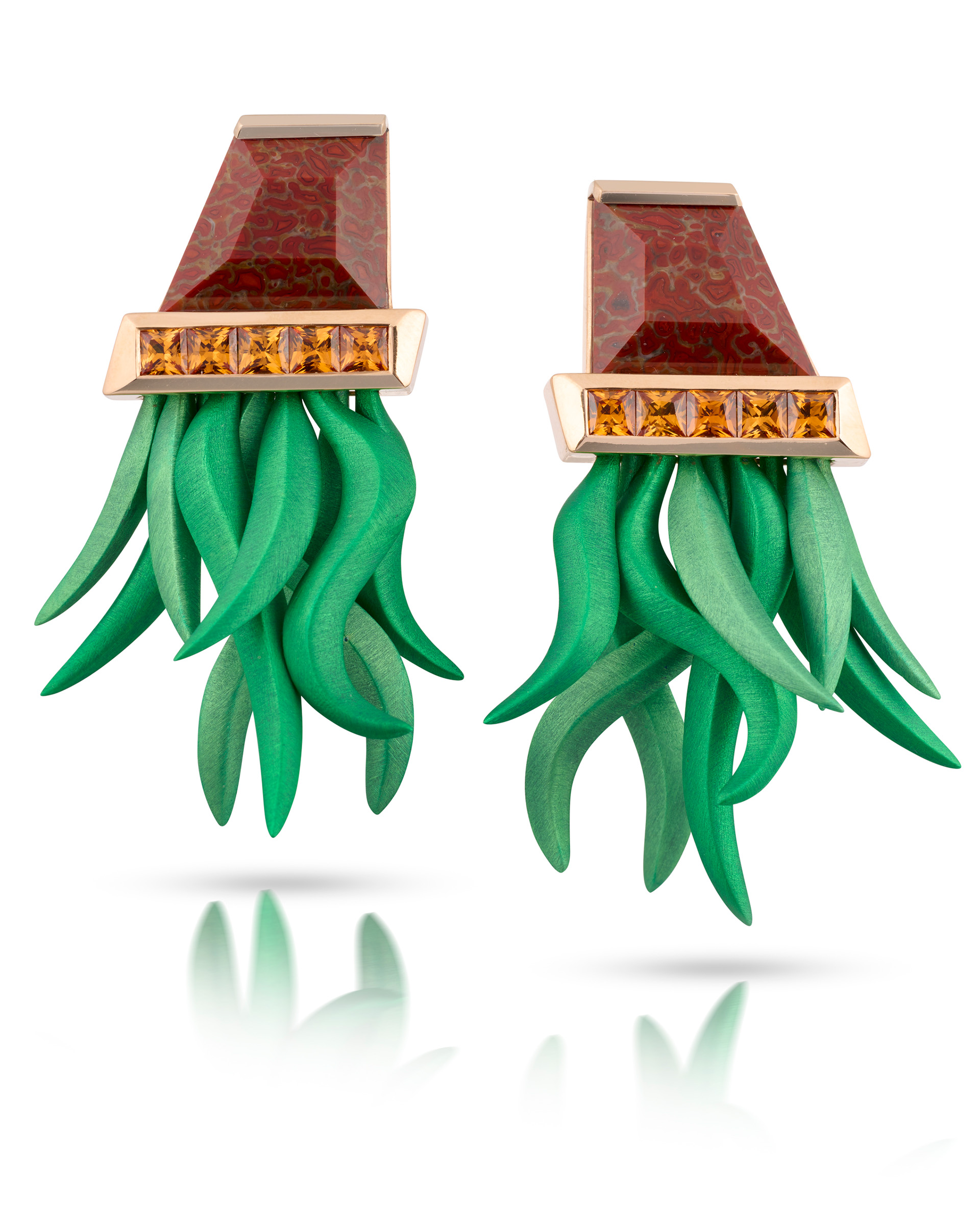 Cora Sheibani's Fern earrings in red gold with dark mandarin garnets, jasper and green aluminium leaves, from the Pottering Around collection