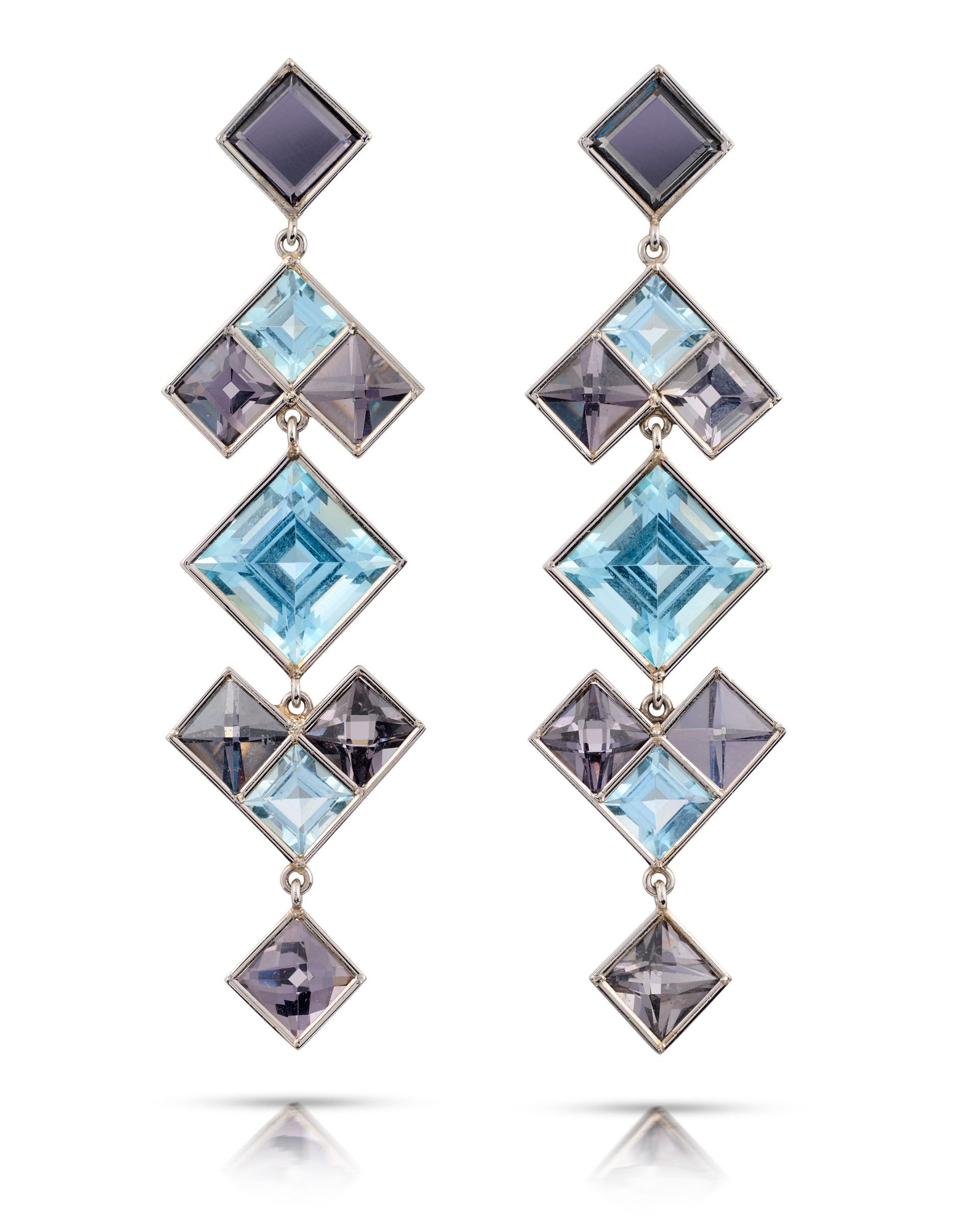 Cora Sheibani's Renaissance earrings in platinum with aquamarine and grey spinel from the Facets and Forms collection