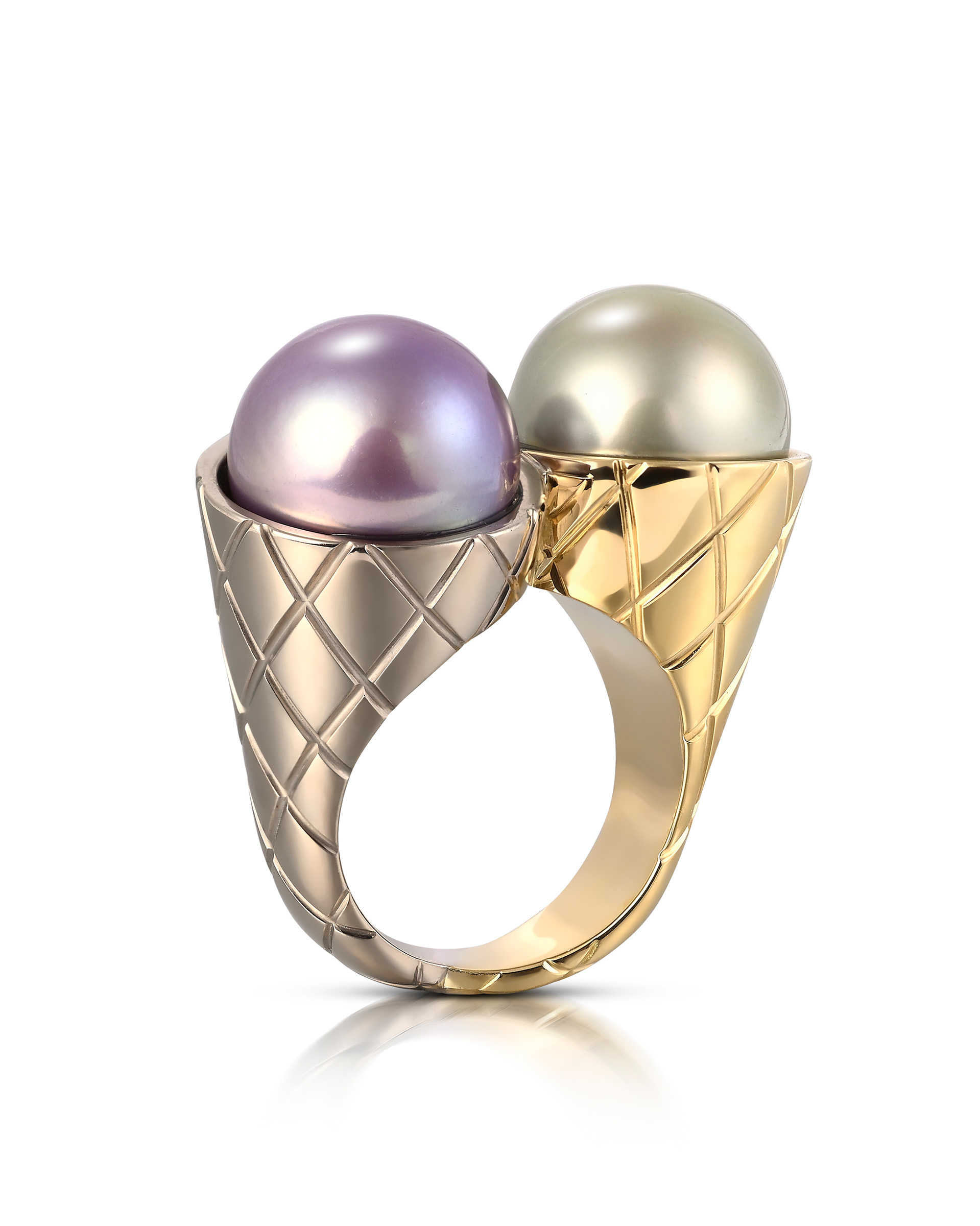Cora Sheibani's Sorbet ring in white and yellow gold with purple freshwater and pistachio Tahitian pearls, from the Skin Deep collection