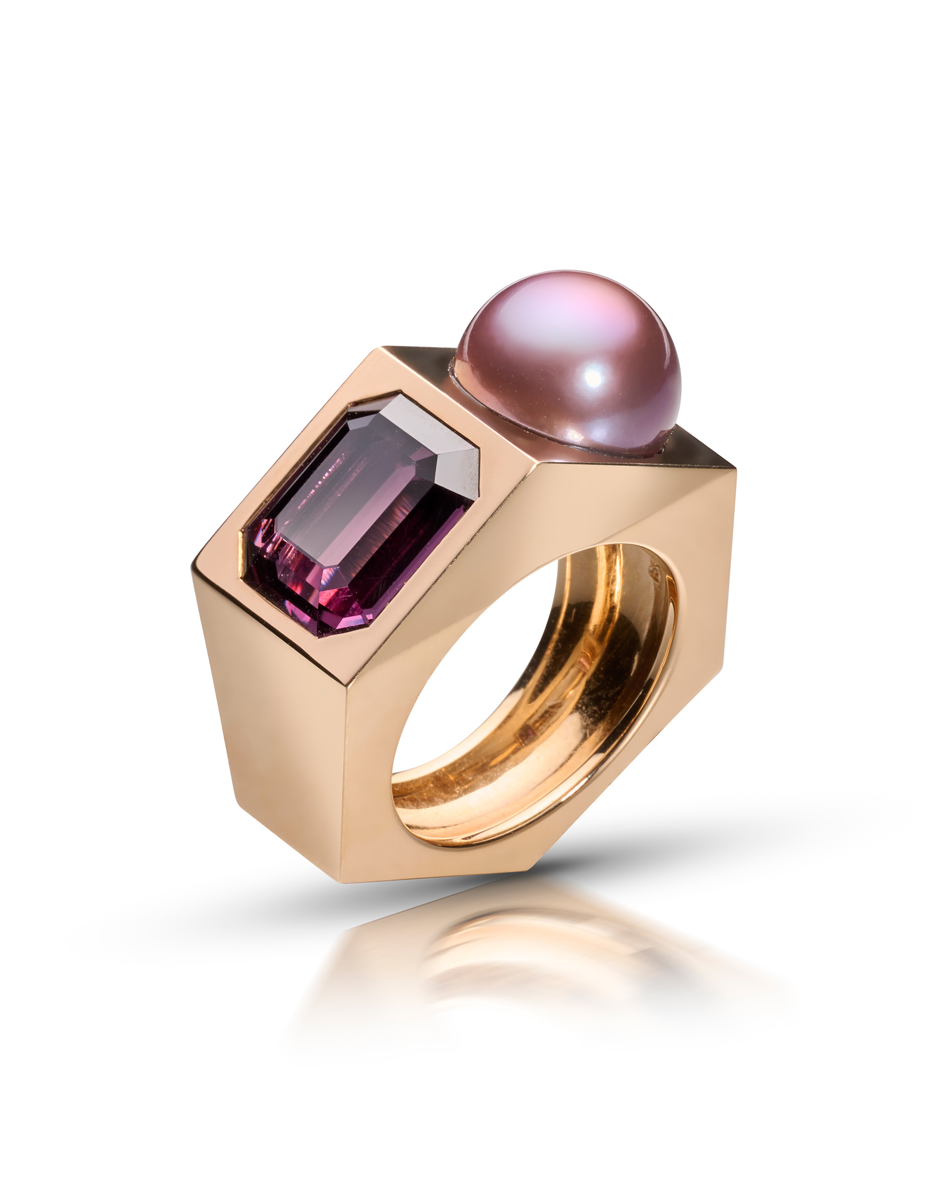 Cora Sheibani's Double Trouble ring in rose gold, greyish purple spinel and purple Edison pearl from the Skin Deep collection