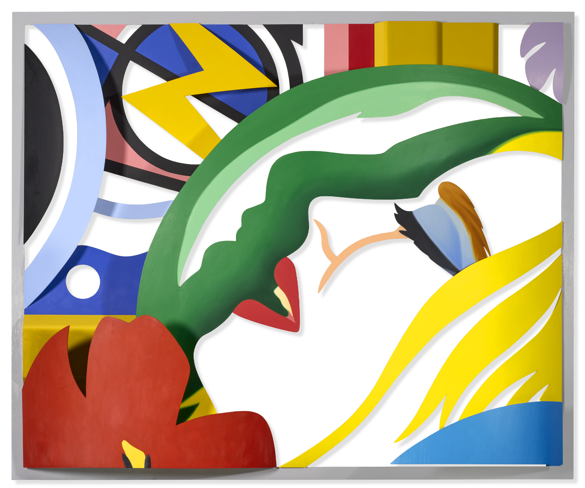 A colorful abstract painting features bold shapes, a red flower, and a stylized face with yellow hair.
