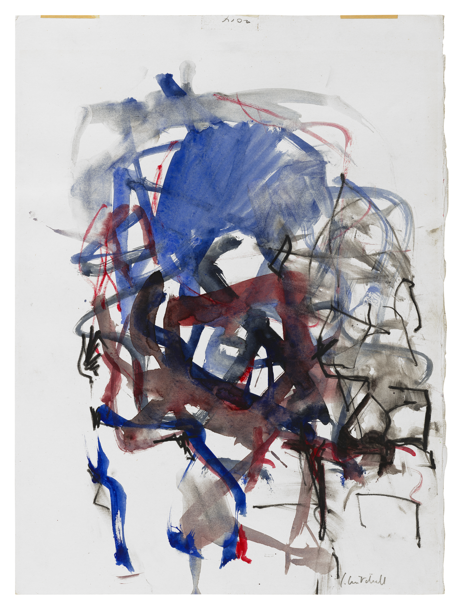 An abstract watercolor painting with dynamic blue, brown, and gray brushstrokes on white paper.