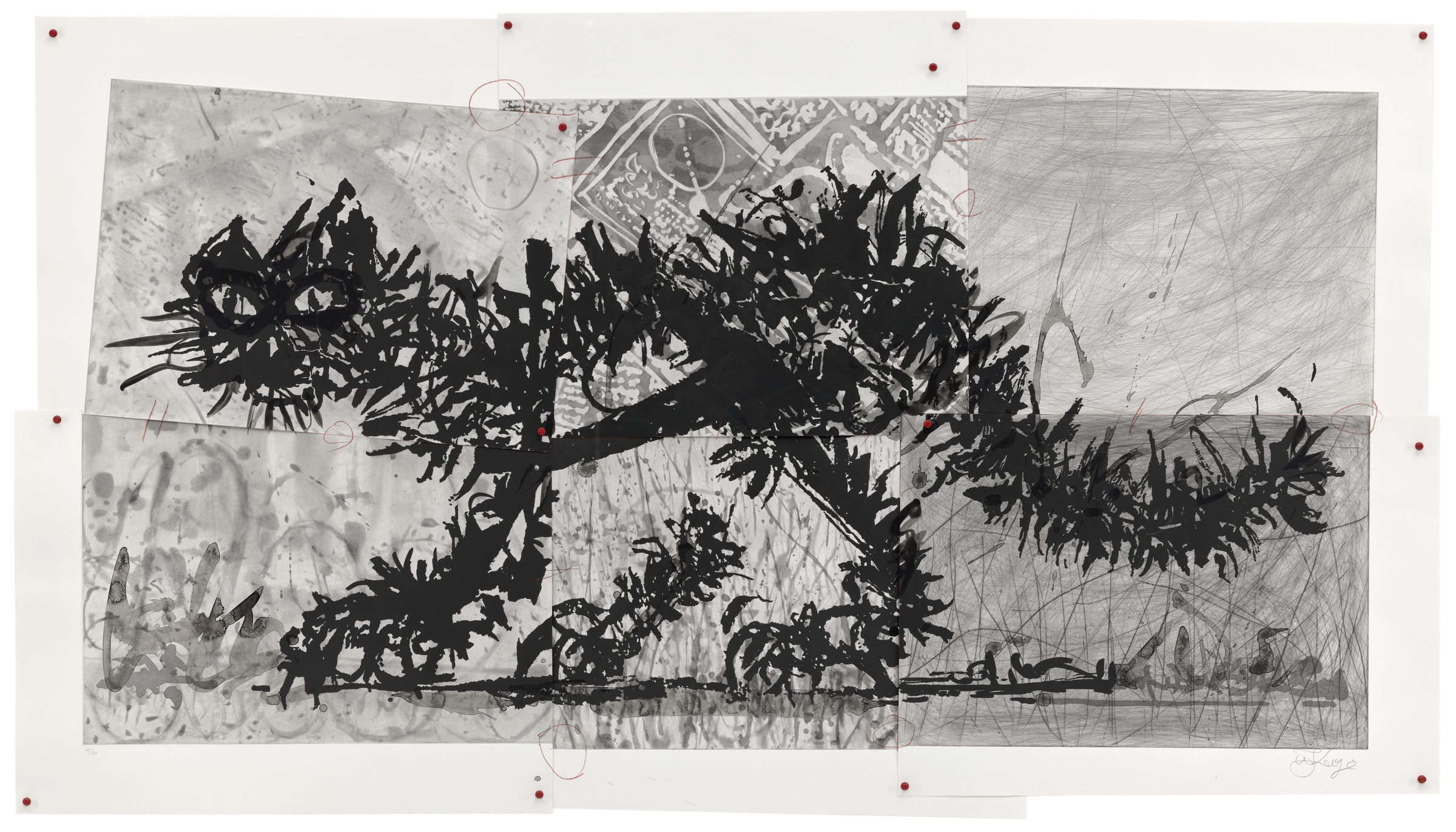A spiky, abstract black cat is drawn on layered, sketchy gray paper with red pins at the corners.