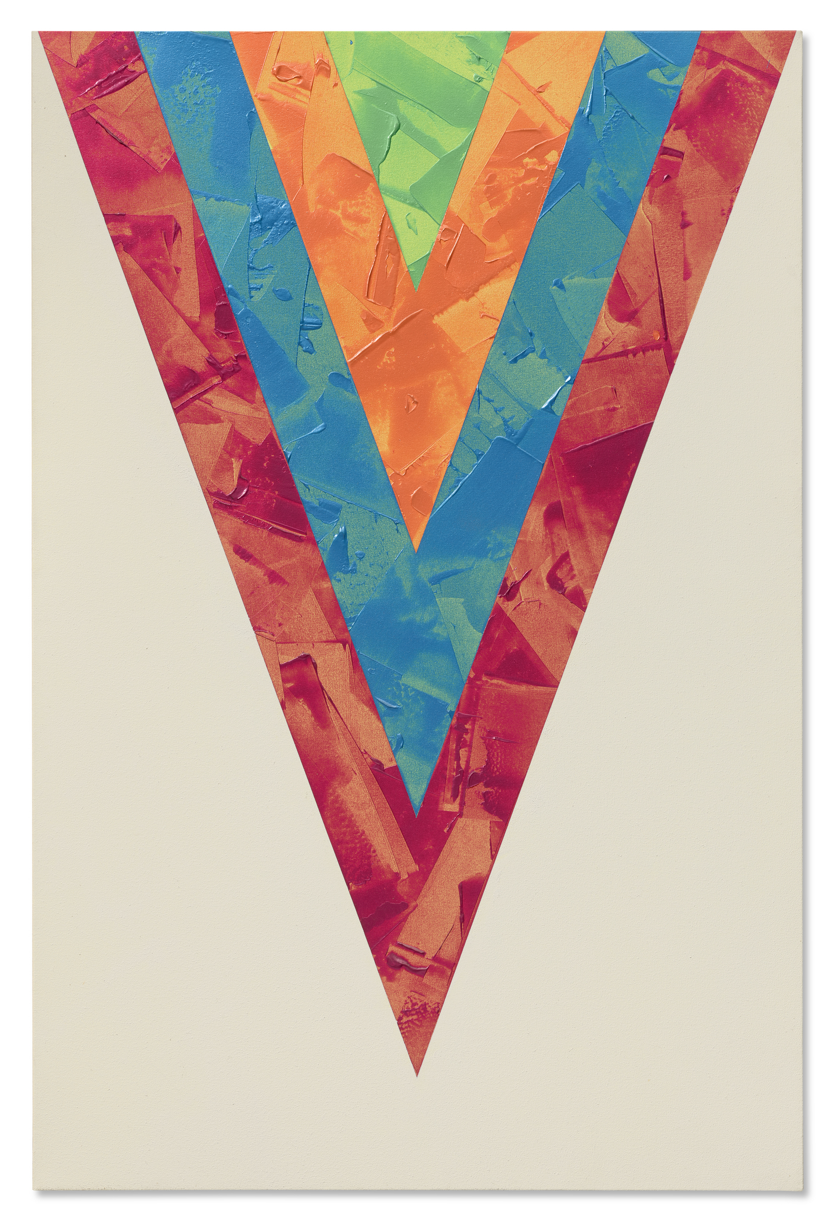 A colorful inverted triangle with layered geometric shapes on a plain background.