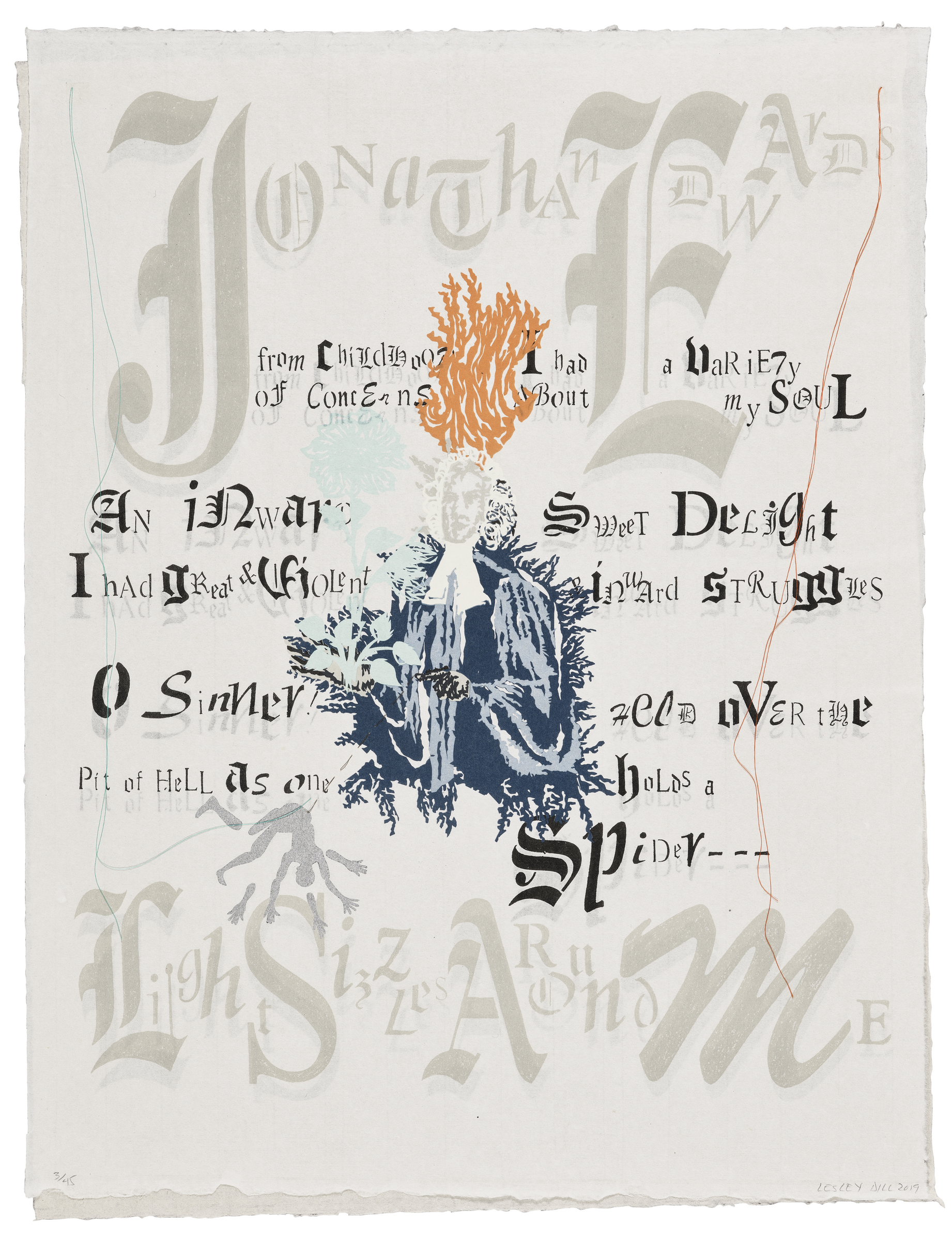 A stylized portrait with fire-like hair is surrounded by ornate, layered text in various fonts.