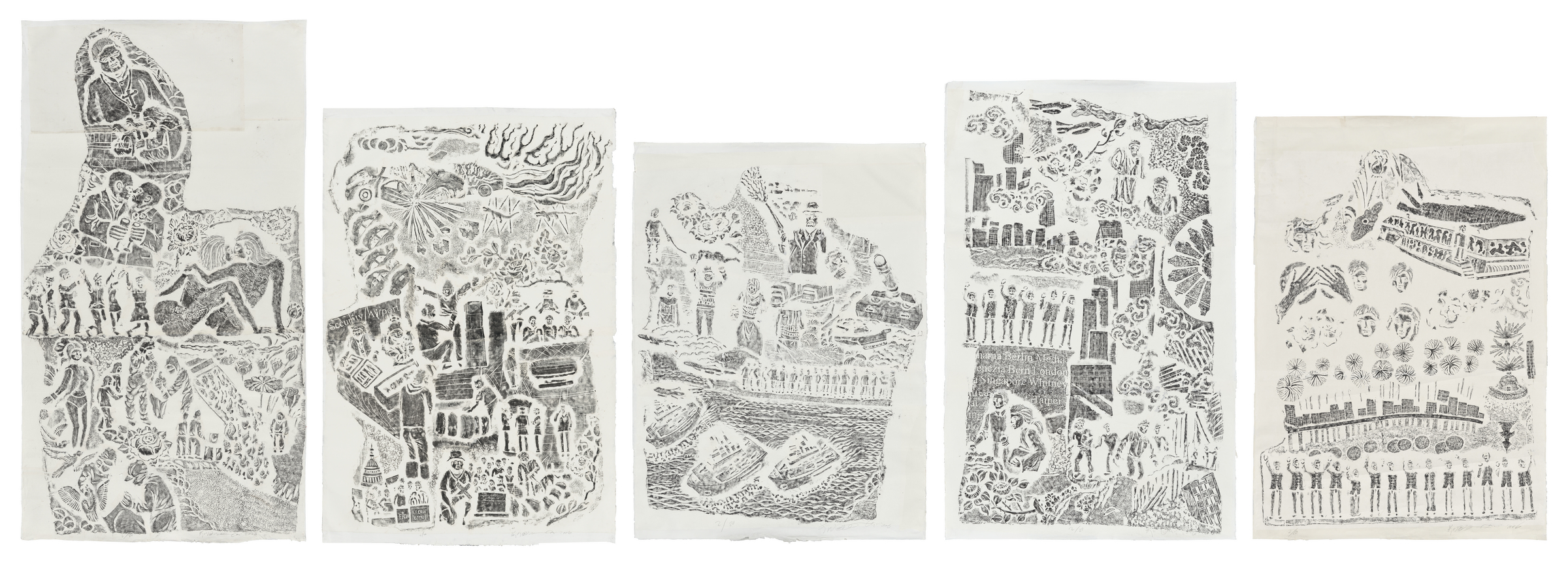 Five intricate black and white drawings feature abstract figures, landscapes, and patterns.