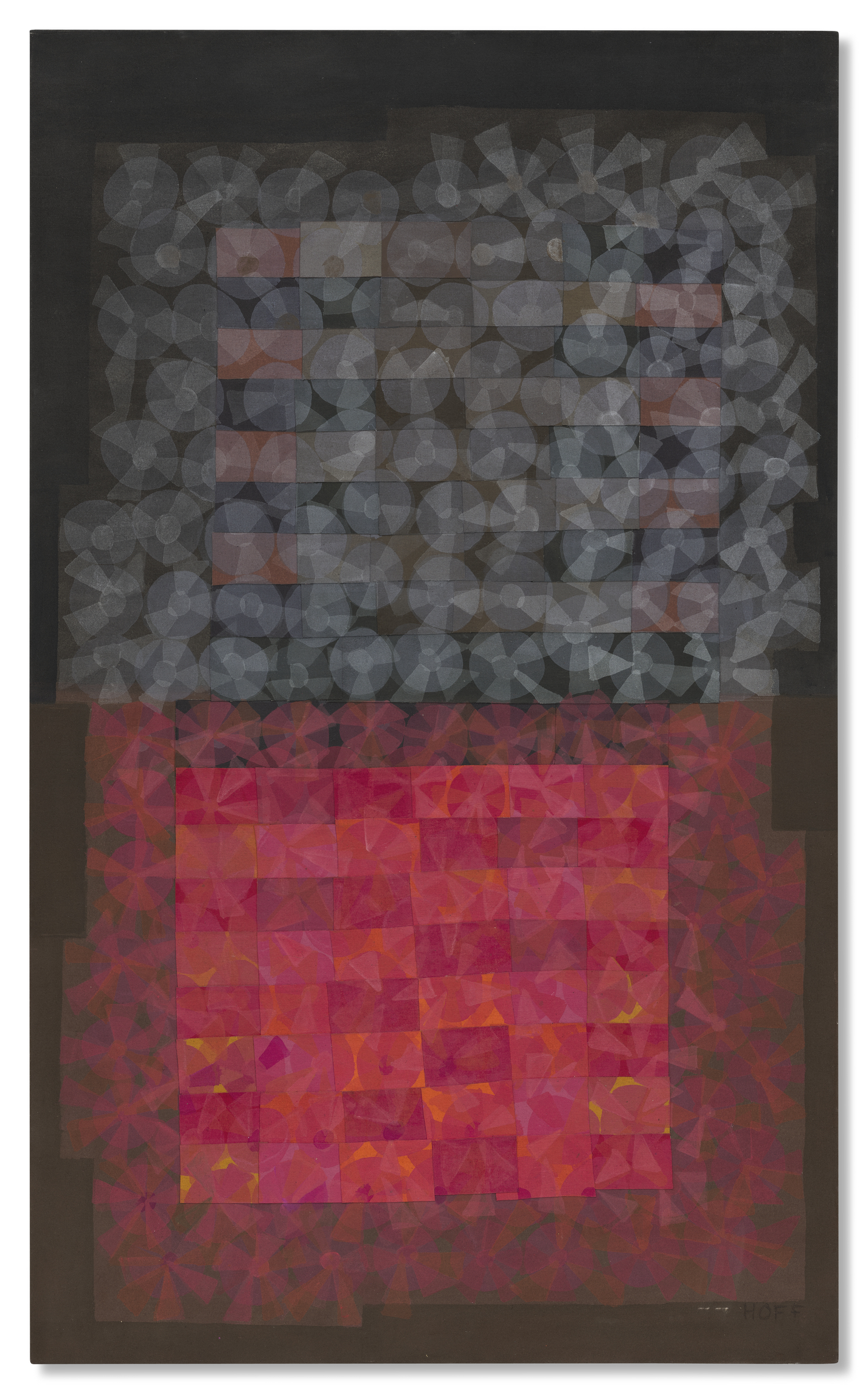 The image shows a geometric abstract artwork with overlapping circles and squares in gray and red tones.