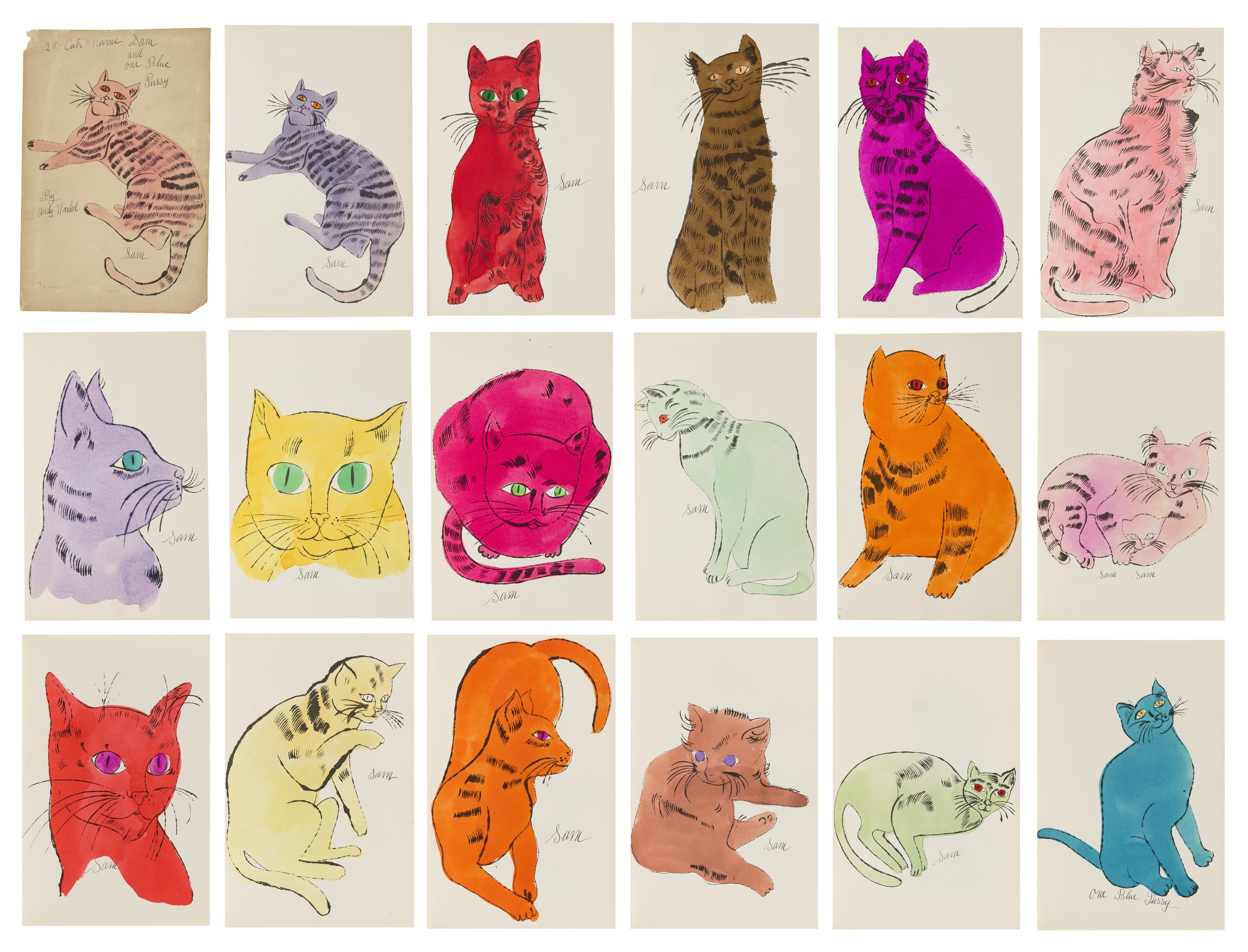 A collage of colorful, stylized cat illustrations arranged in a grid pattern.