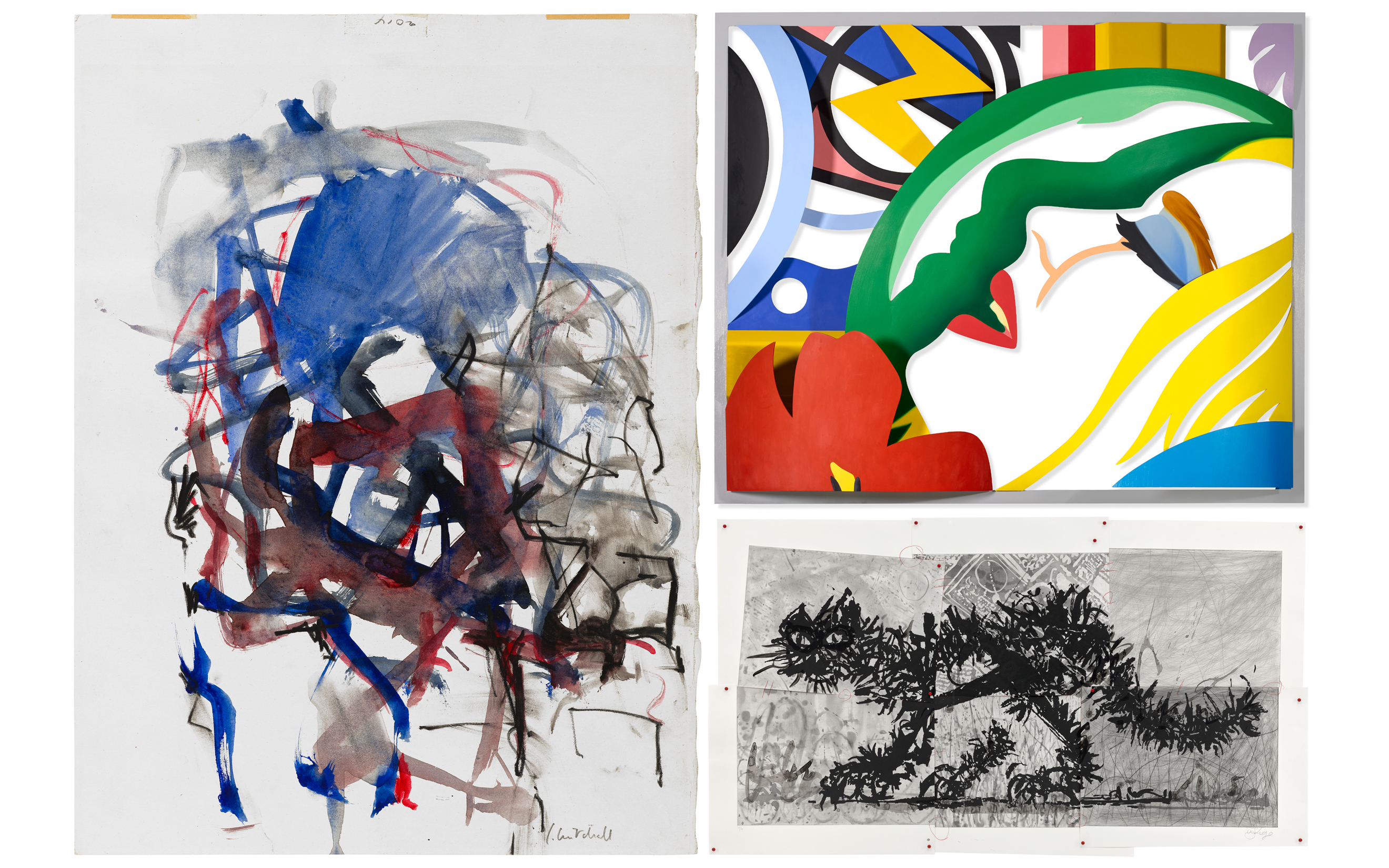 The image shows three abstract artworks: one with expressive brushstrokes, one pop art portrait, and one spiky animal sketch.