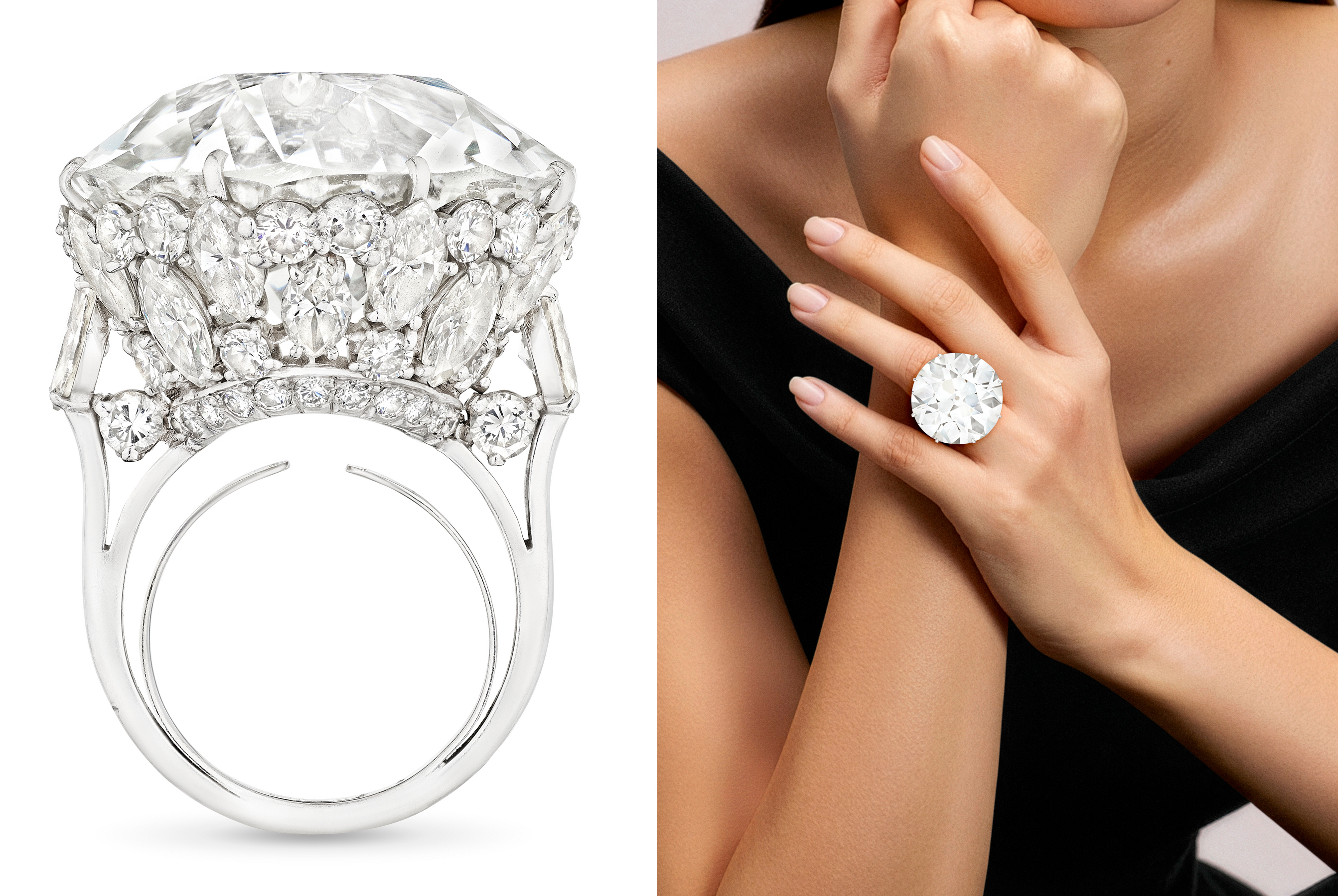 A large, luxurious diamond ring is shown both alone and worn on a woman's hand.
