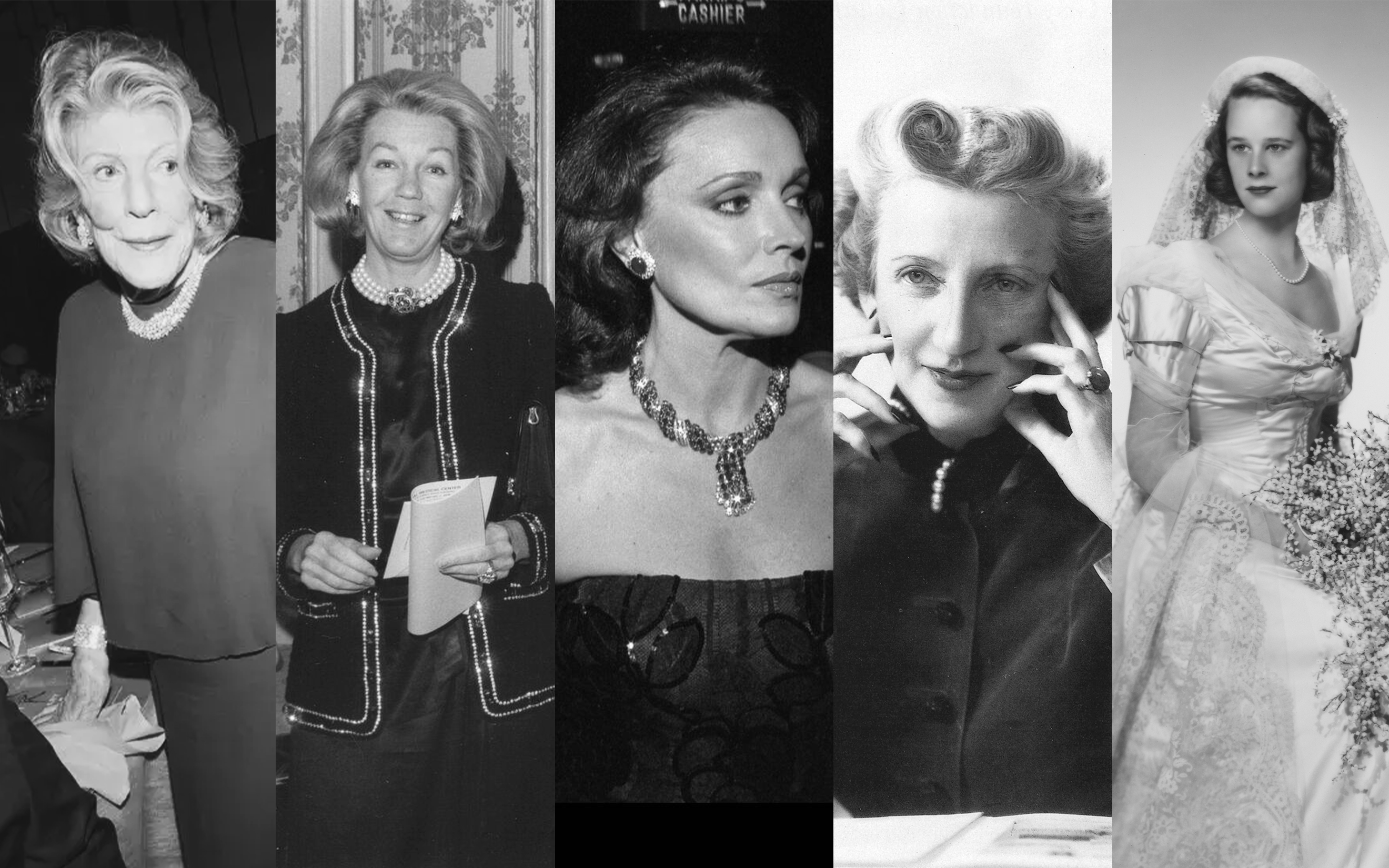 Five women in elegant vintage attire, all wearing pearl necklaces, with their faces obscured.