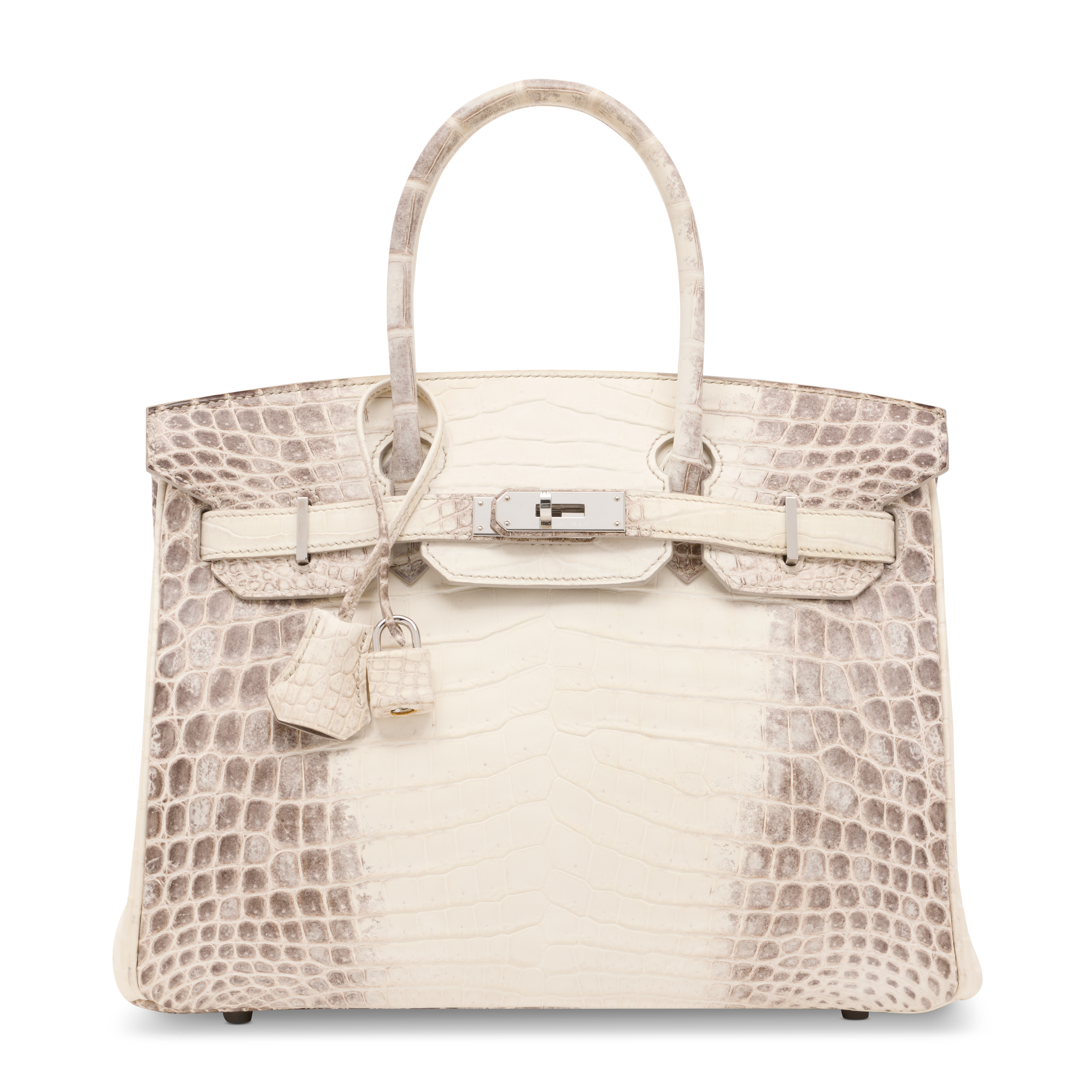 A rare, matte white himalaya niloticus crocodile birkin 30 with palladium hardware, Hermès, 2014. Estimate: HK$500,000-800,000. Offered in Handbags Online: the Hong Kong edit, until 14 July at Christie’s Online 