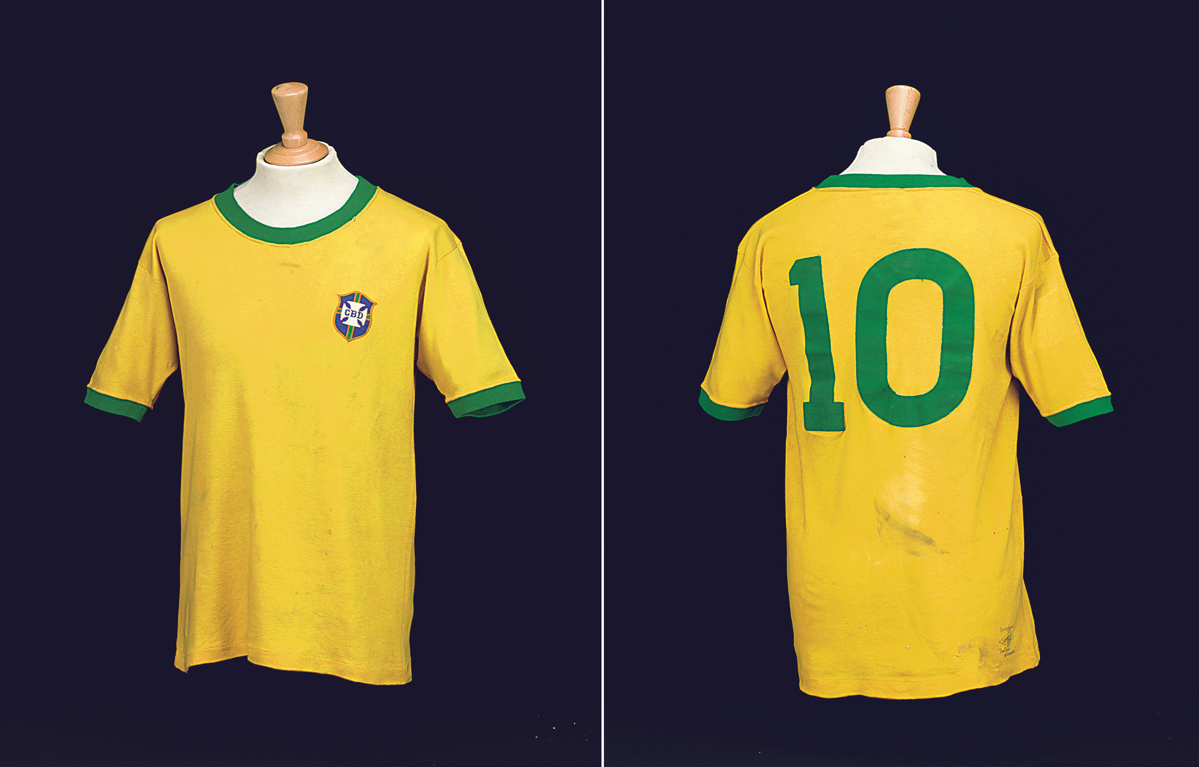 A yellow Brazil soccer jersey with green trim and the number 10 on the back.