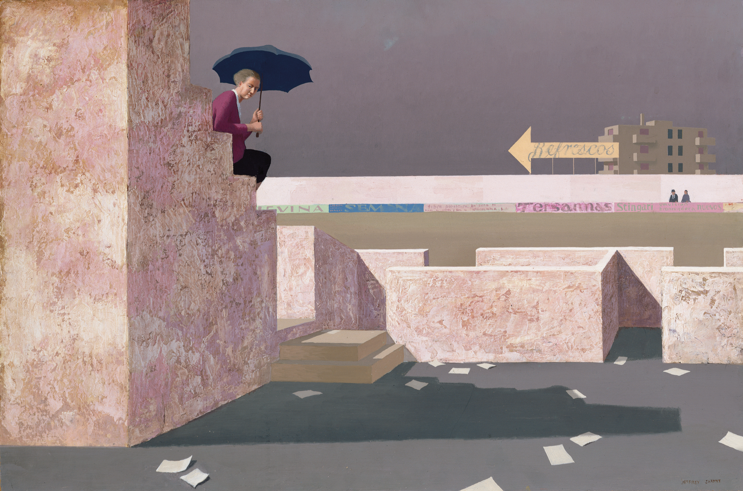 A person sits on pink stone steps holding an umbrella, looking over an abstract empty plaza.