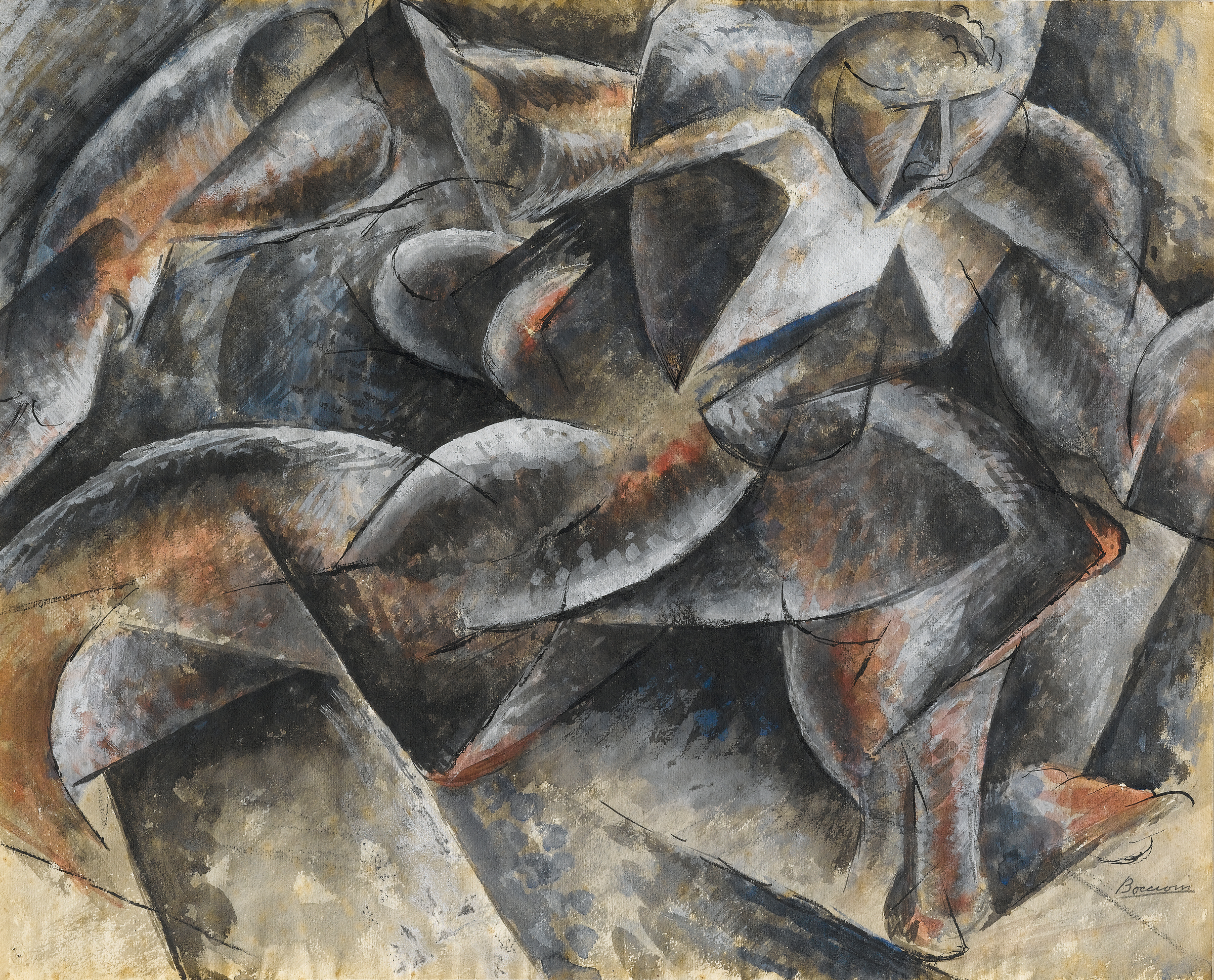 Abstract cubist painting depicting interlocking geometric shapes in earthy tones with hints of figures.