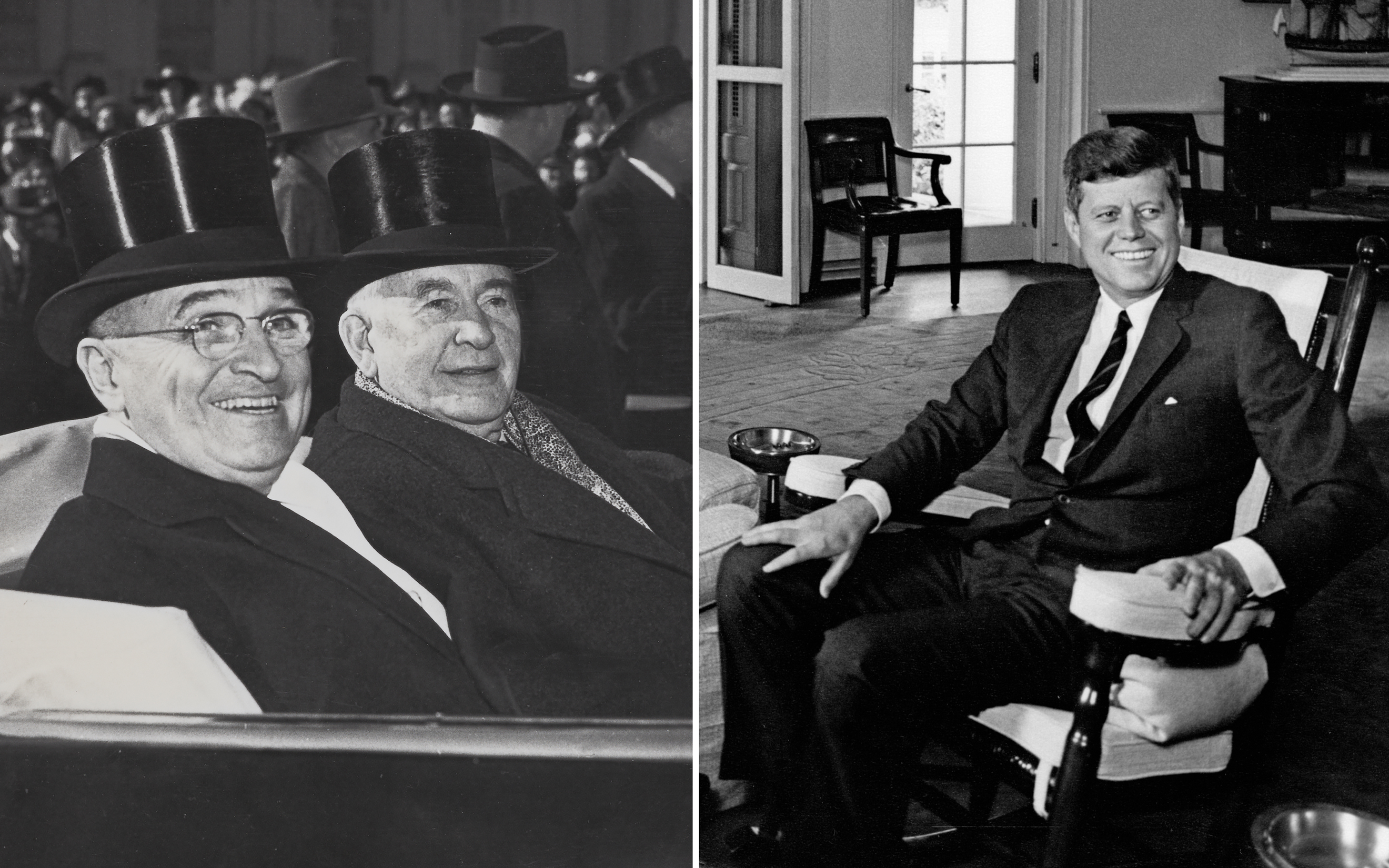 The image is split: on the left, two people in top hats at an event; on the right, a man in a suit seated indoors.