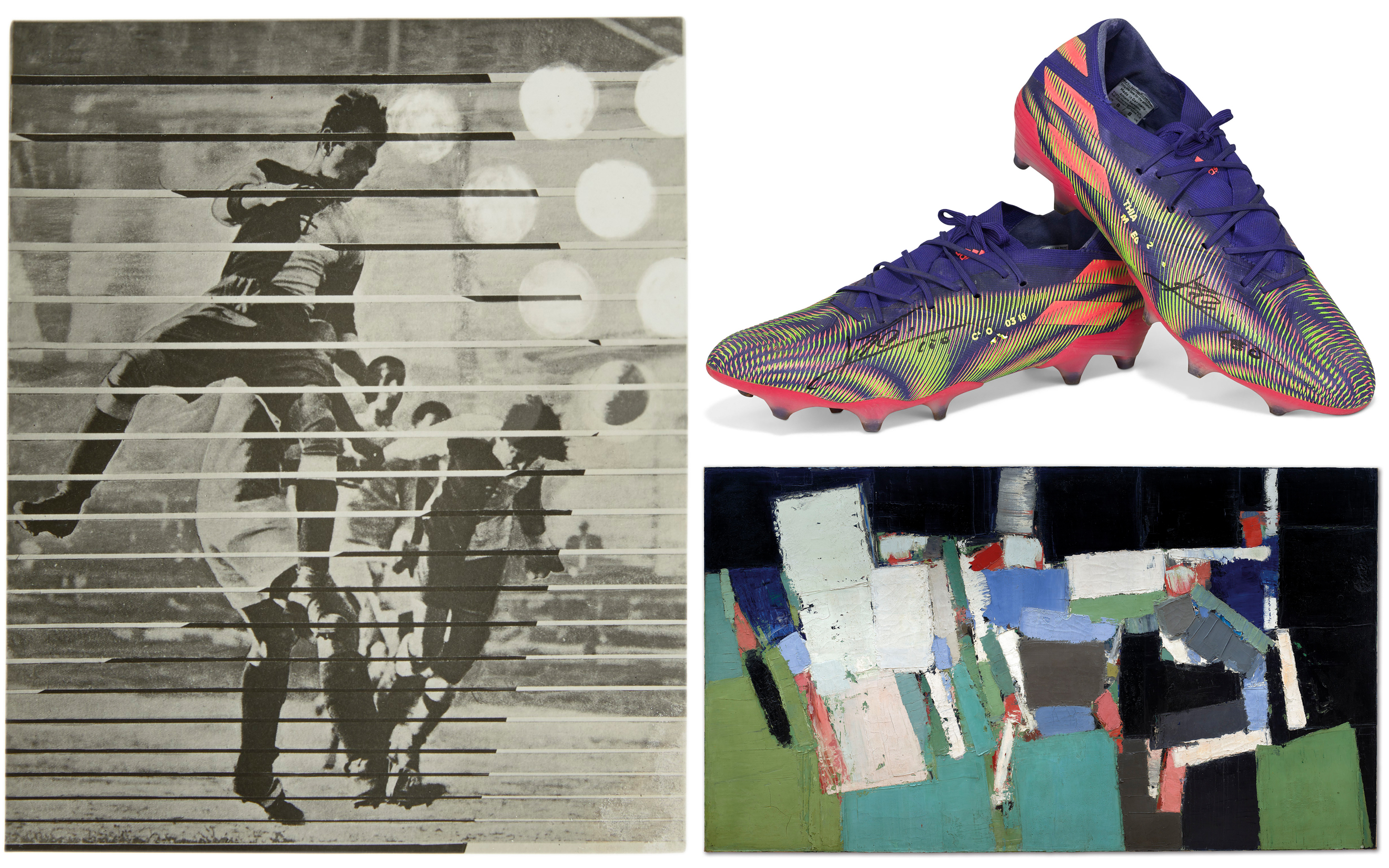 A collage with a black-and-white soccer photo, colorful soccer cleats, and an abstract painting.