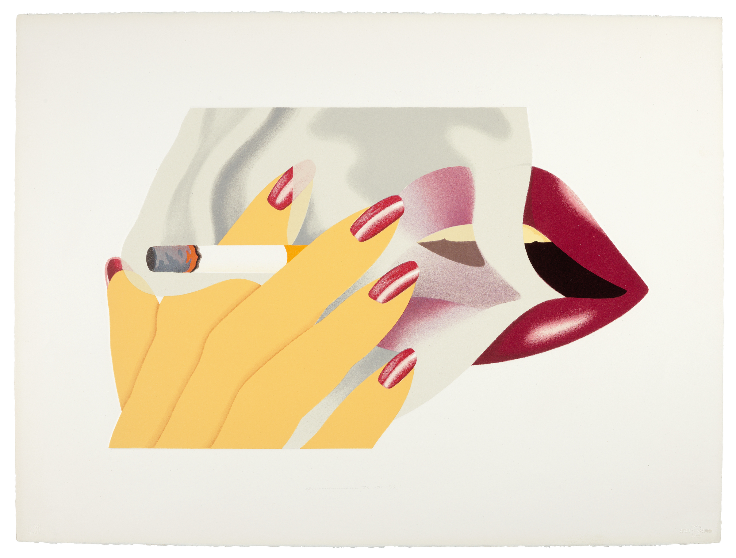 Tom Wesselmann (1931-2004), Smoker, 1976. Lithograph in colours with embossing, on Arches paper. Sheet: 22 x 29⅞ in (559 x 759 mm). Estimate: $3,000-5,000.