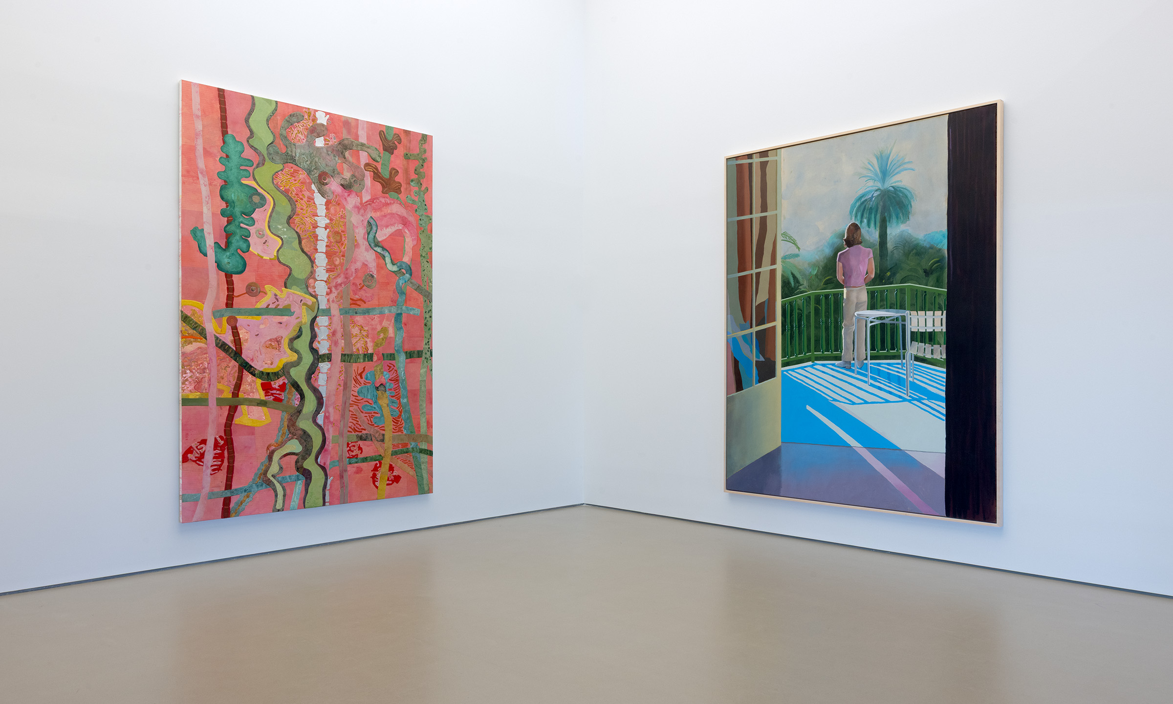 Installation view of The Way We Live Now at the George Economou Collection. Left, Ellen Gallagher, Fast-Fish and Loose-Fish, 2023. Right, David Hockney, Sur la Terrasse, 1971