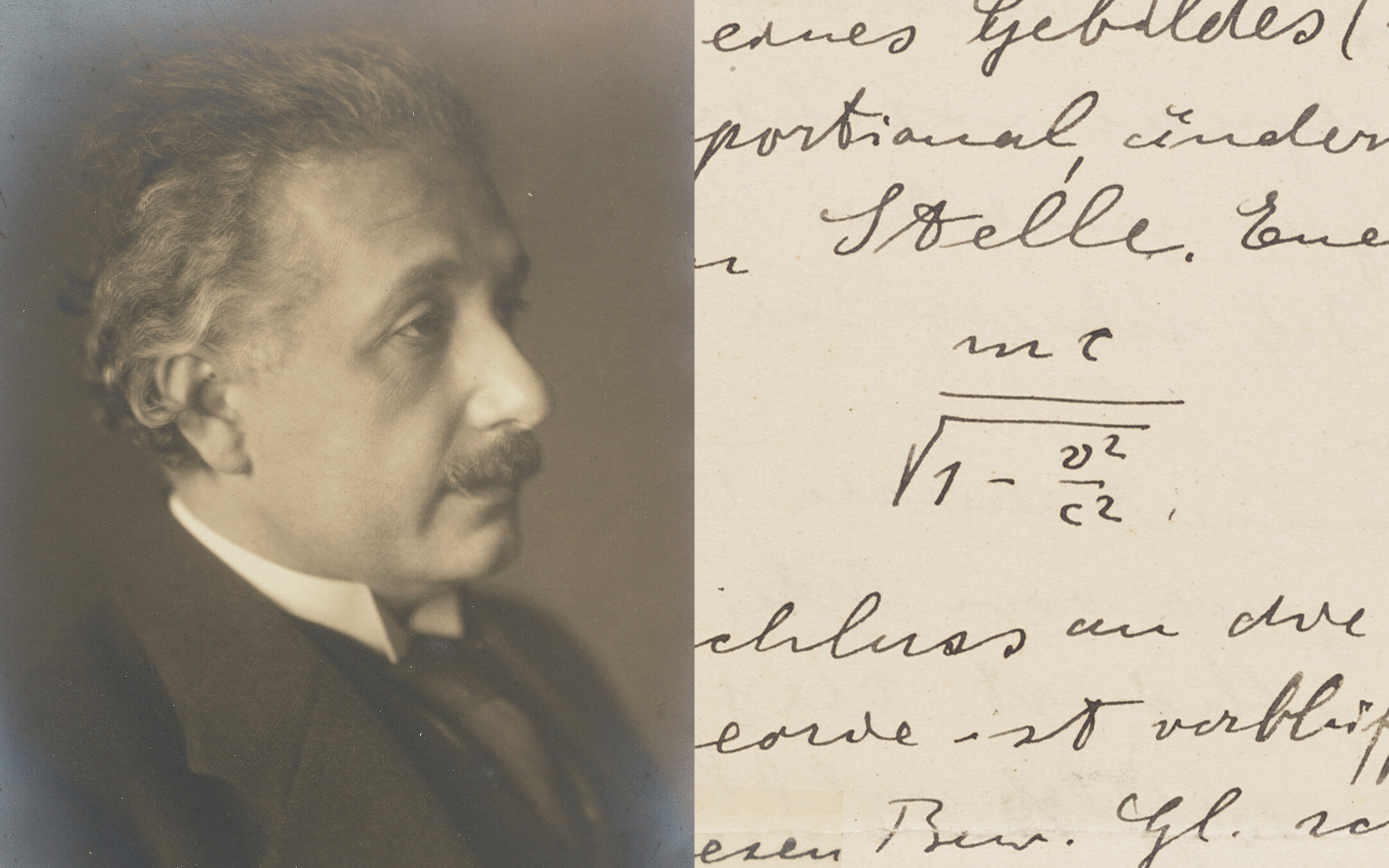 Left, Albert Einstein, a signed portrait photograph, 10 October 1930. Right, a detail of Einstein's letter to Michele Besso, Prague, 26 March 1912, in which he outlines his new theory of general relativity. Both offered in Valuable Books and Manuscripts including Cartography on 8 July 2026 at Christie's in London