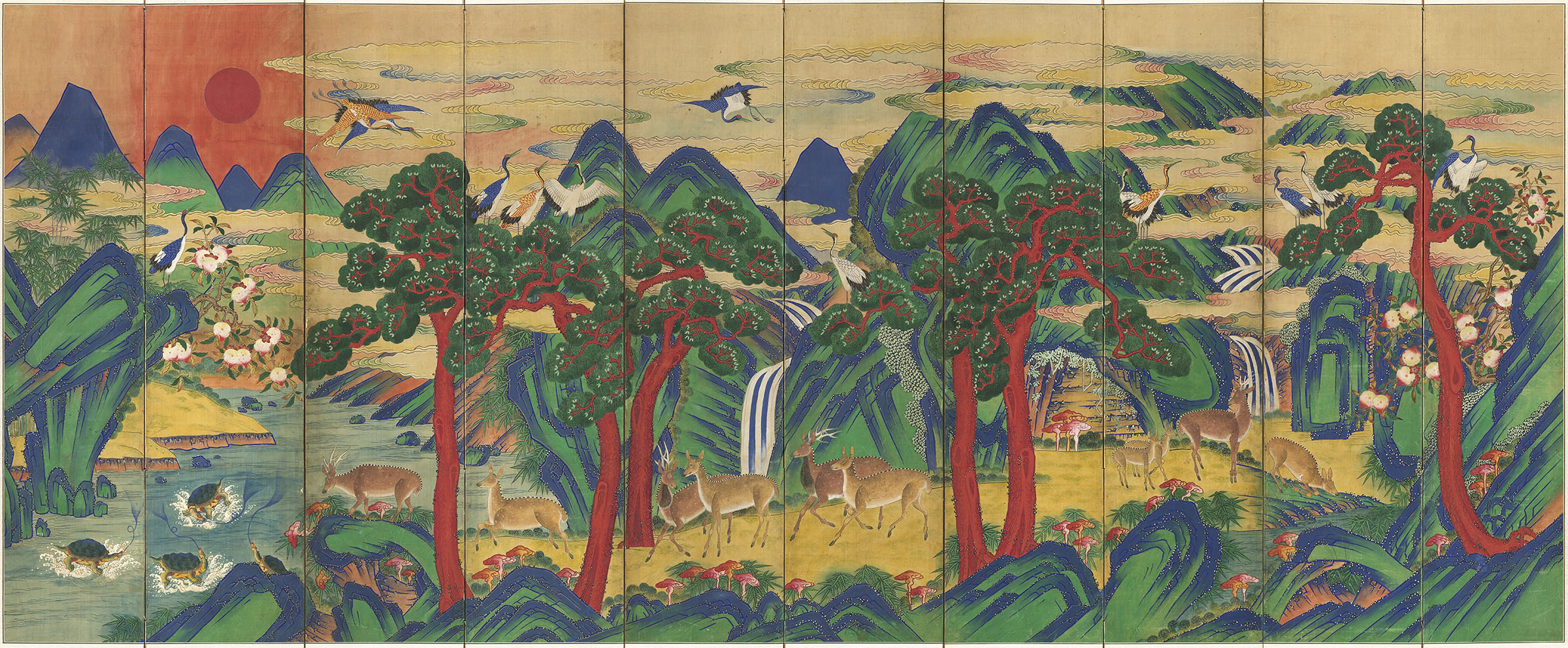 Ten symbols of longevity, 1800-1900, attributed to court painters. Ten-panel folding screen, ink and colour on silk. National Museum of Korea