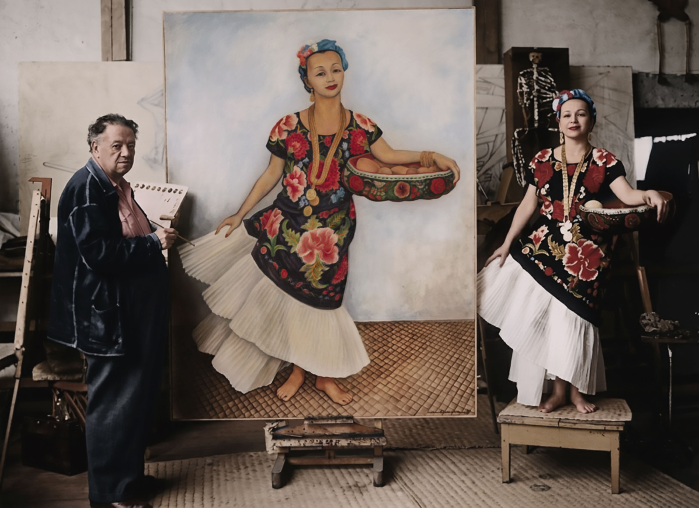 Dolores Olmedo posing in a Tehuana dress for Diego Rivera, in 1955